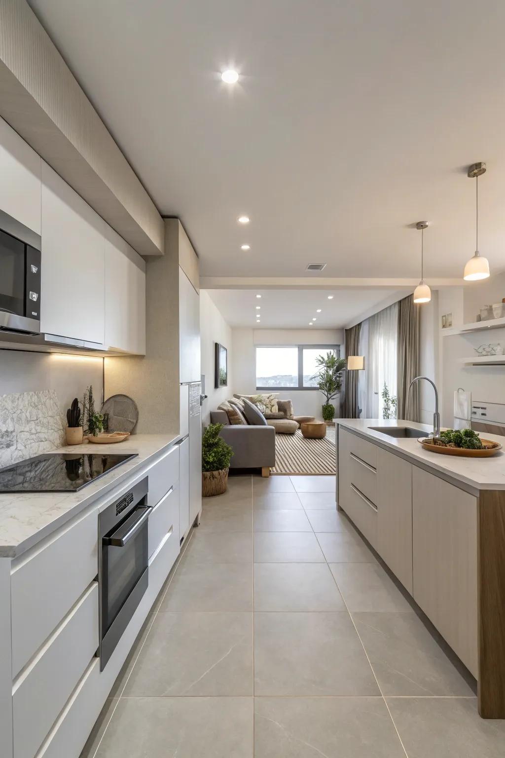 Minimalist design makes sure there's a smooth flow from the cooking area to the living space.