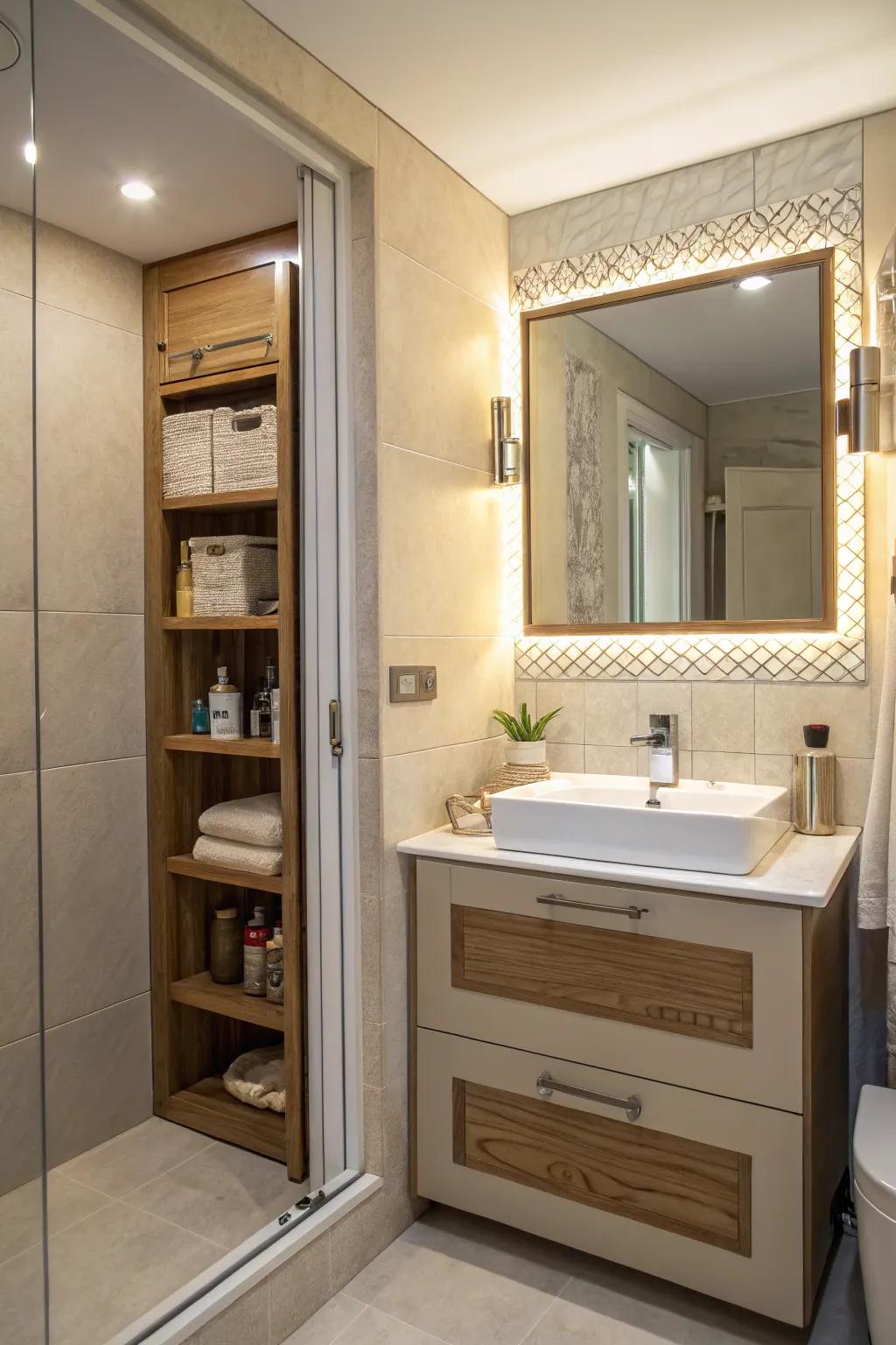 A side mirror offering discreet storage space in a bathroom.