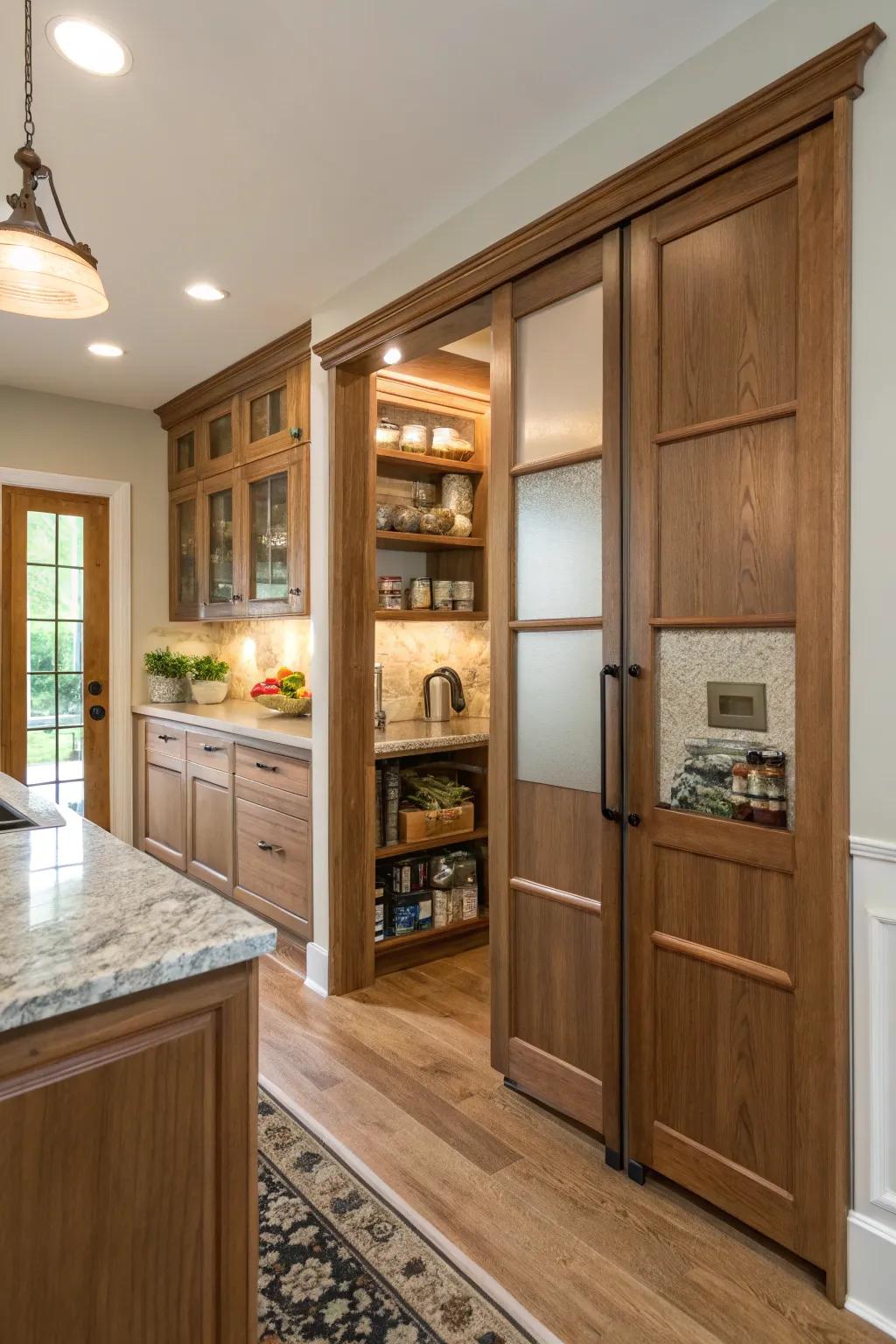 Recessed entrances delivering smooth access to a secret pantry.
