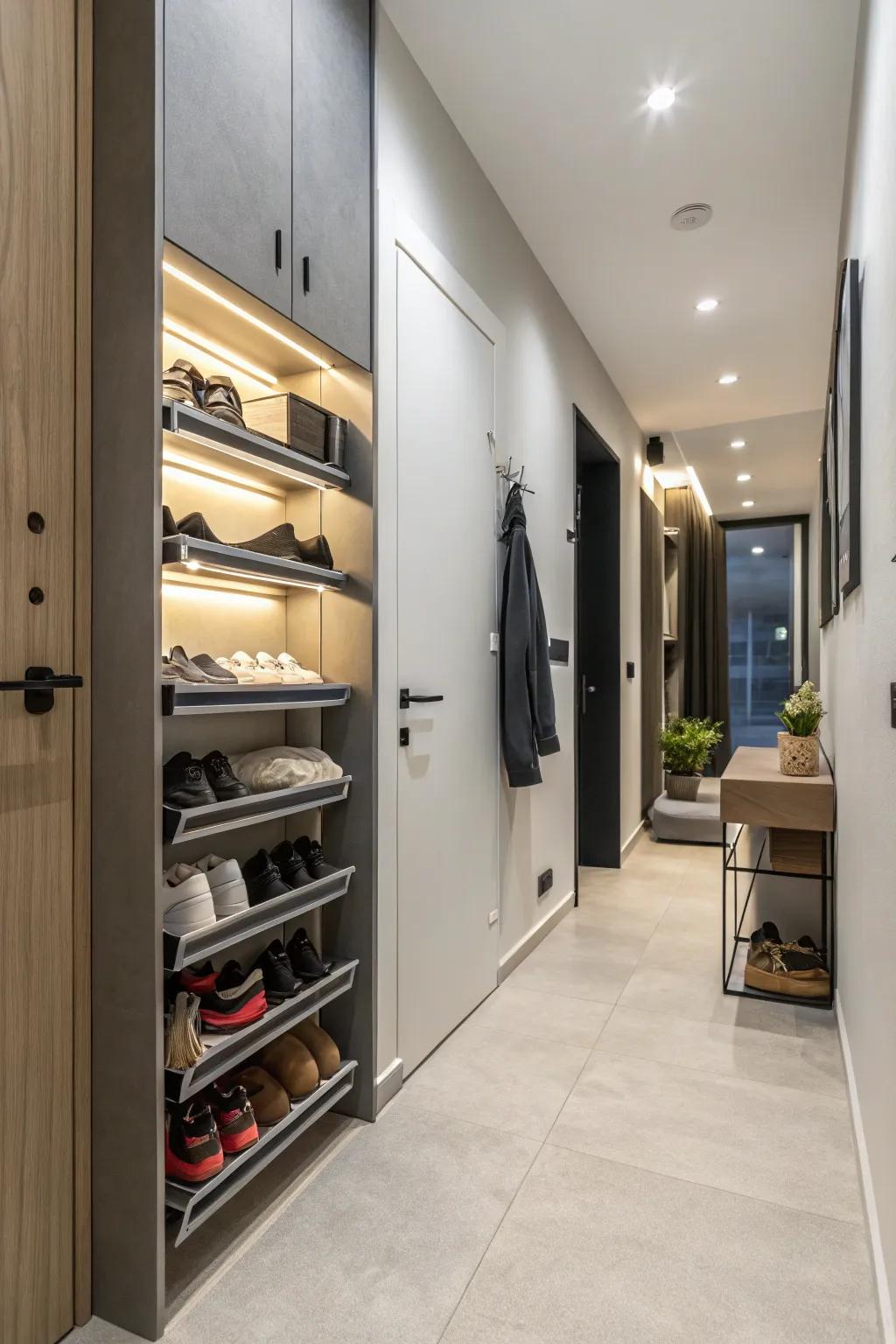 Optimize area using wall-mounted footwear storage options.