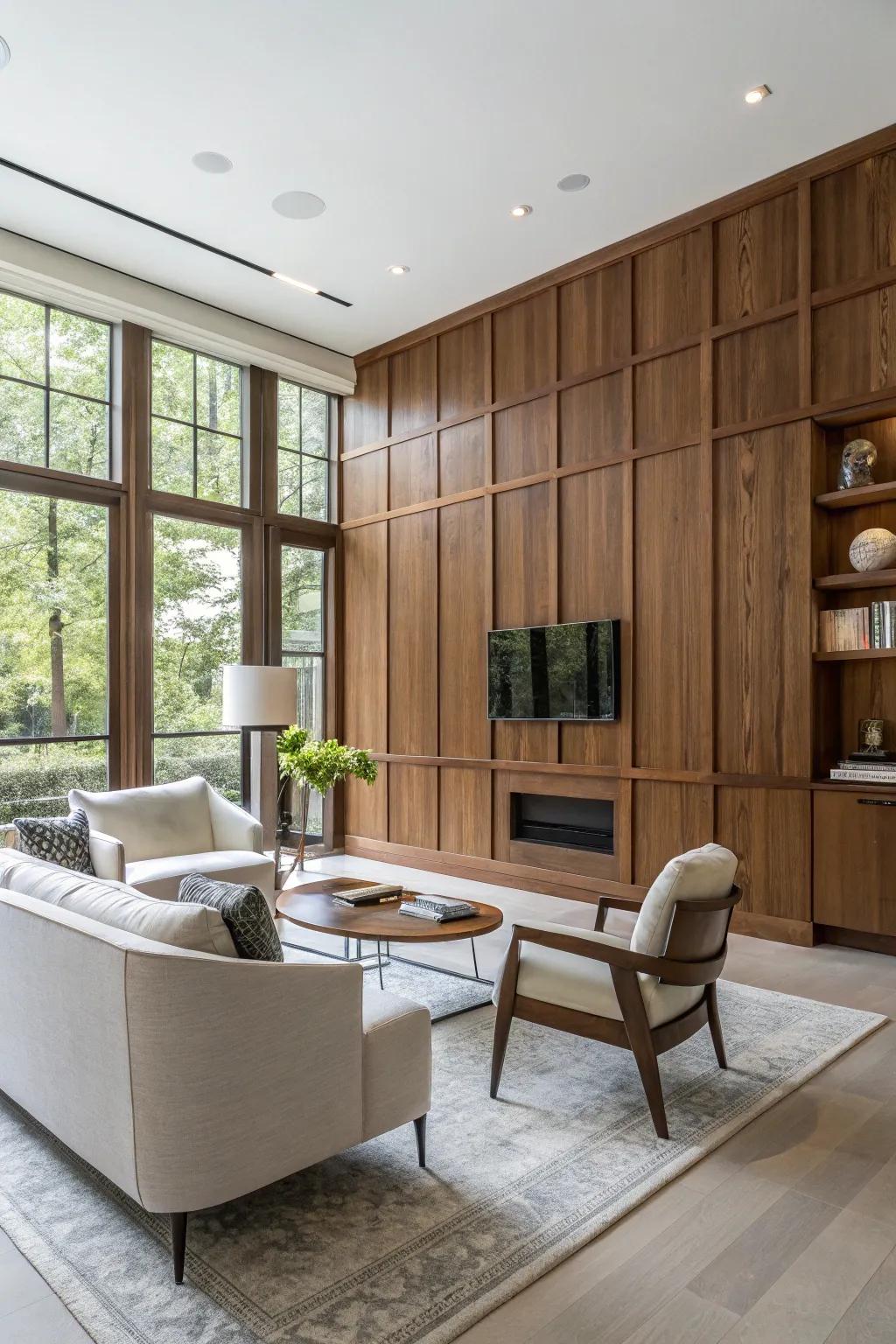 Stylish wood paneling creatively concealing a furnace and water heater.