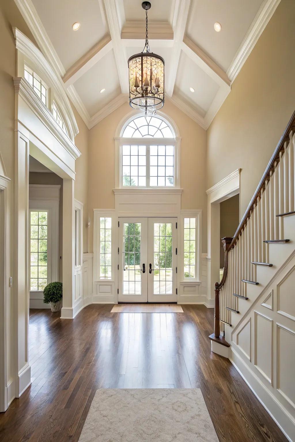 Neutral tones enhance the light and airy ambiance of this entryway.