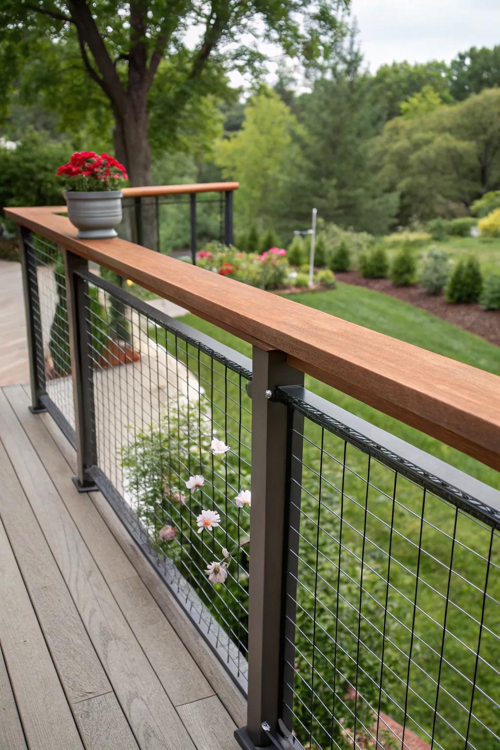 A top cap enhances the functionality and style of mesh panel railings.