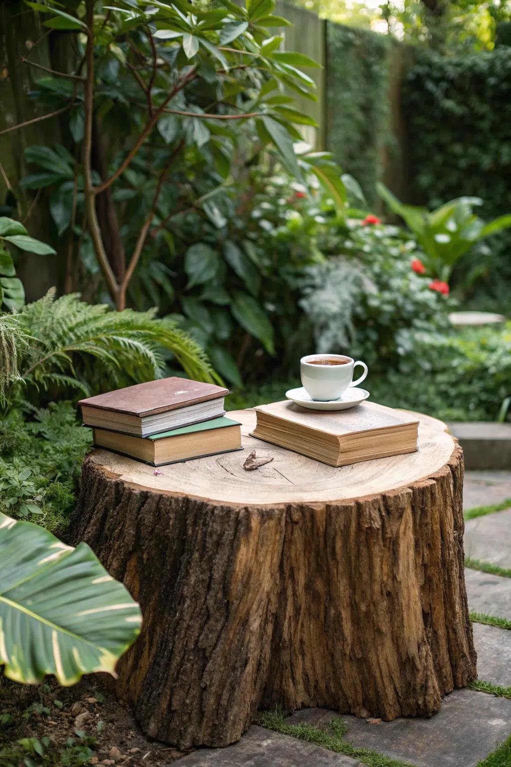 An inherent outdoor table innovatively fashioned from a tree stump.