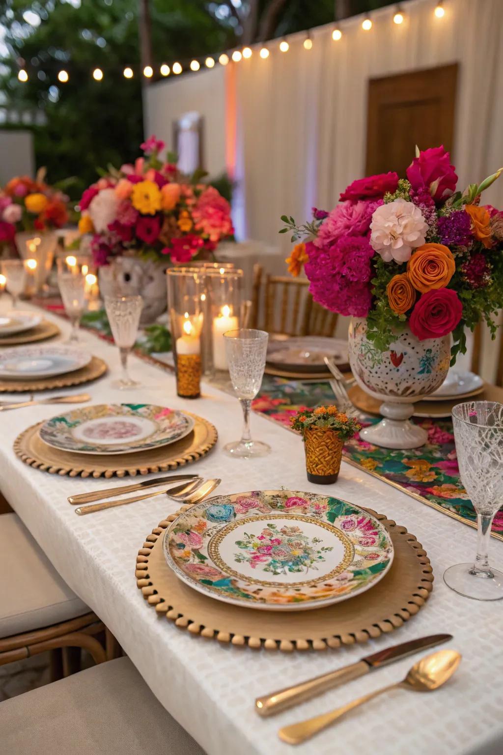 An impeccably adorned table set for the party's attendees.