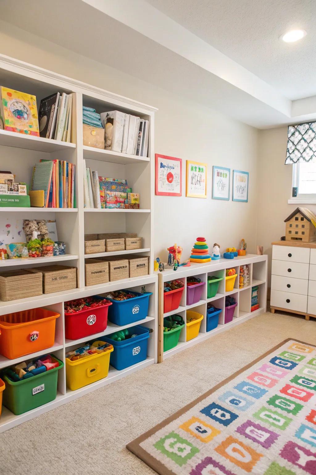 Creative storage ideas designed to maintain a tidy daycare environment.