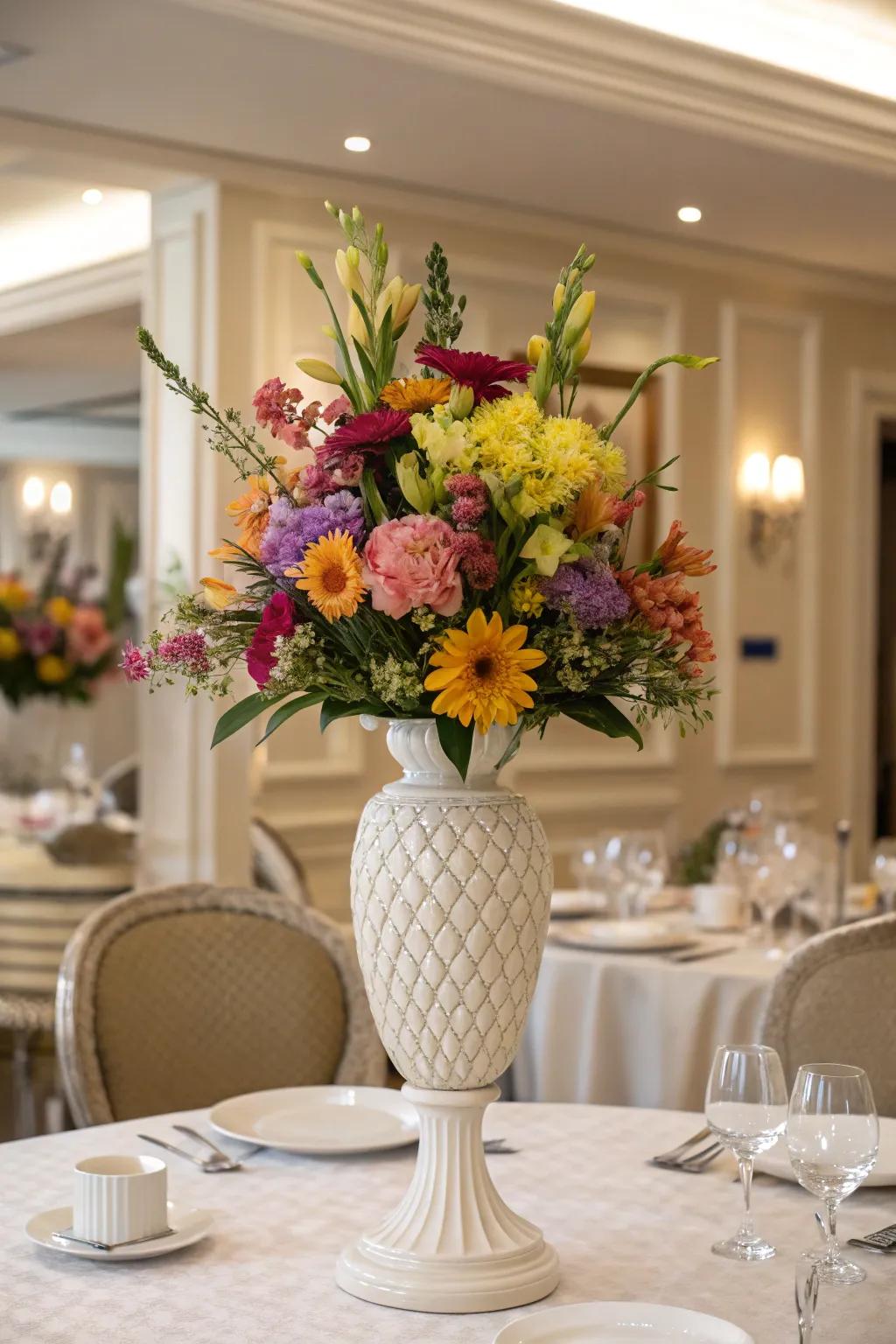 A chic carafe displaying vibrant florals, bestowing a burst of color upon the dining area.