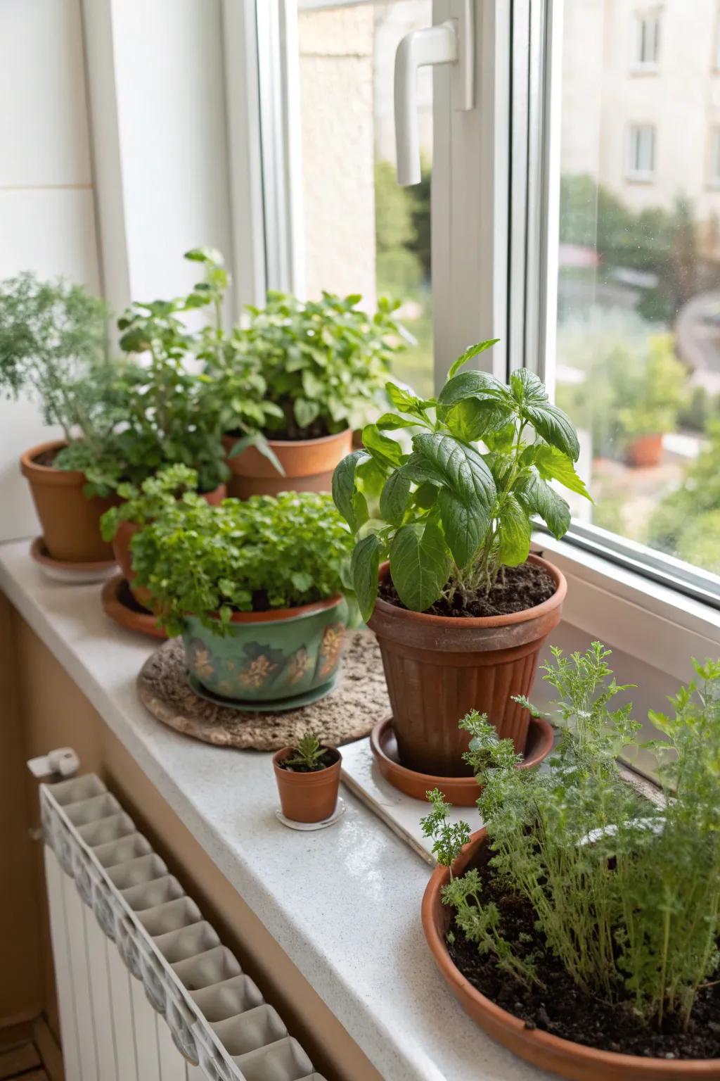 A lively kitchen windowsill adorned with fresh herbs and plants.