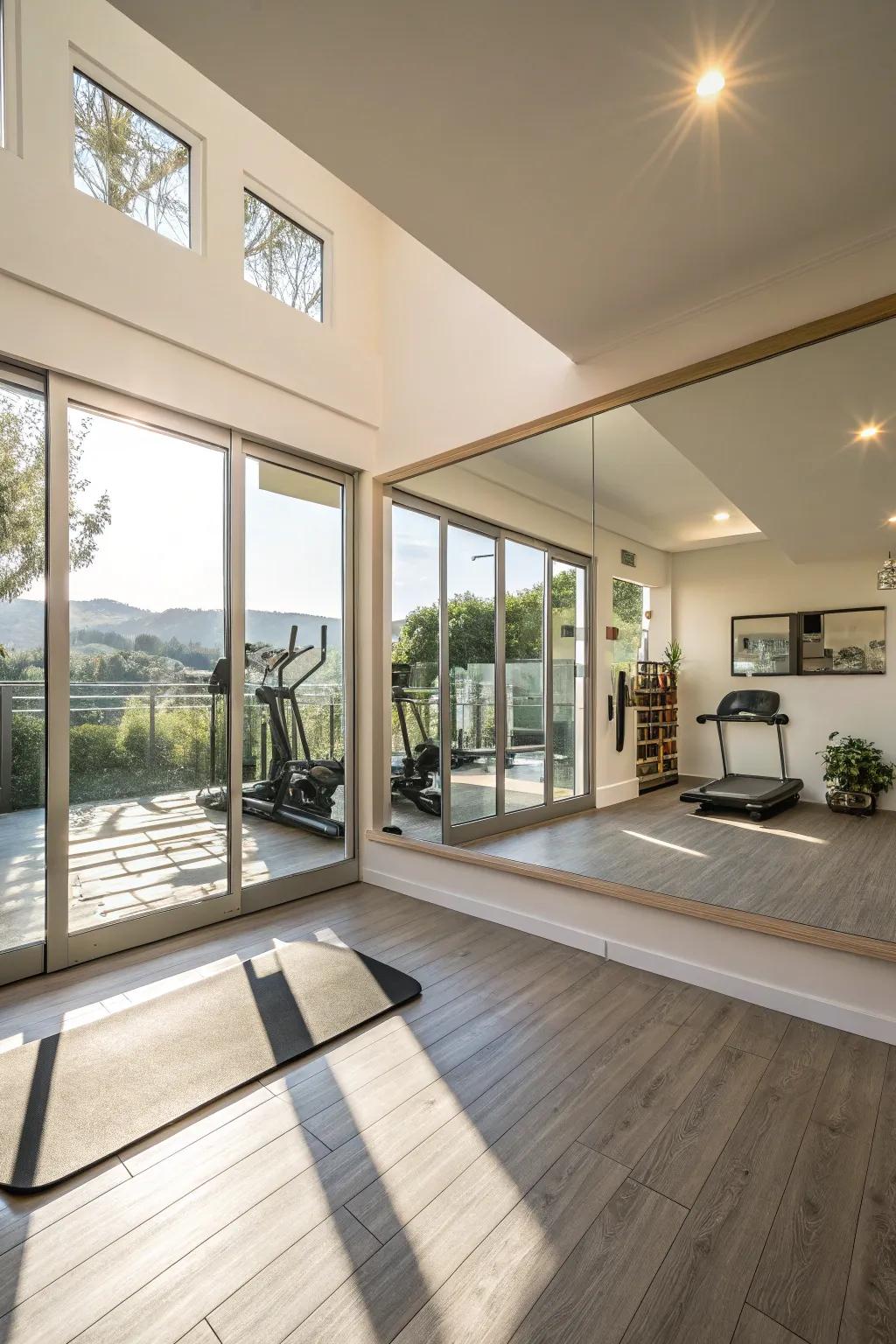 The looking-glasses bounce ambient light, which brightens this interior workout space.