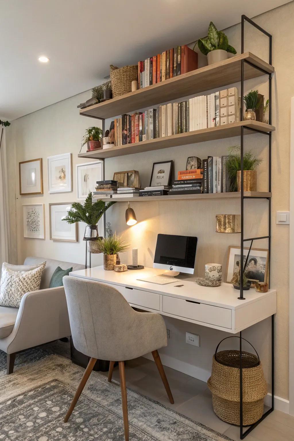 Elegant shelves offer both storage and display solutions in this home office.
