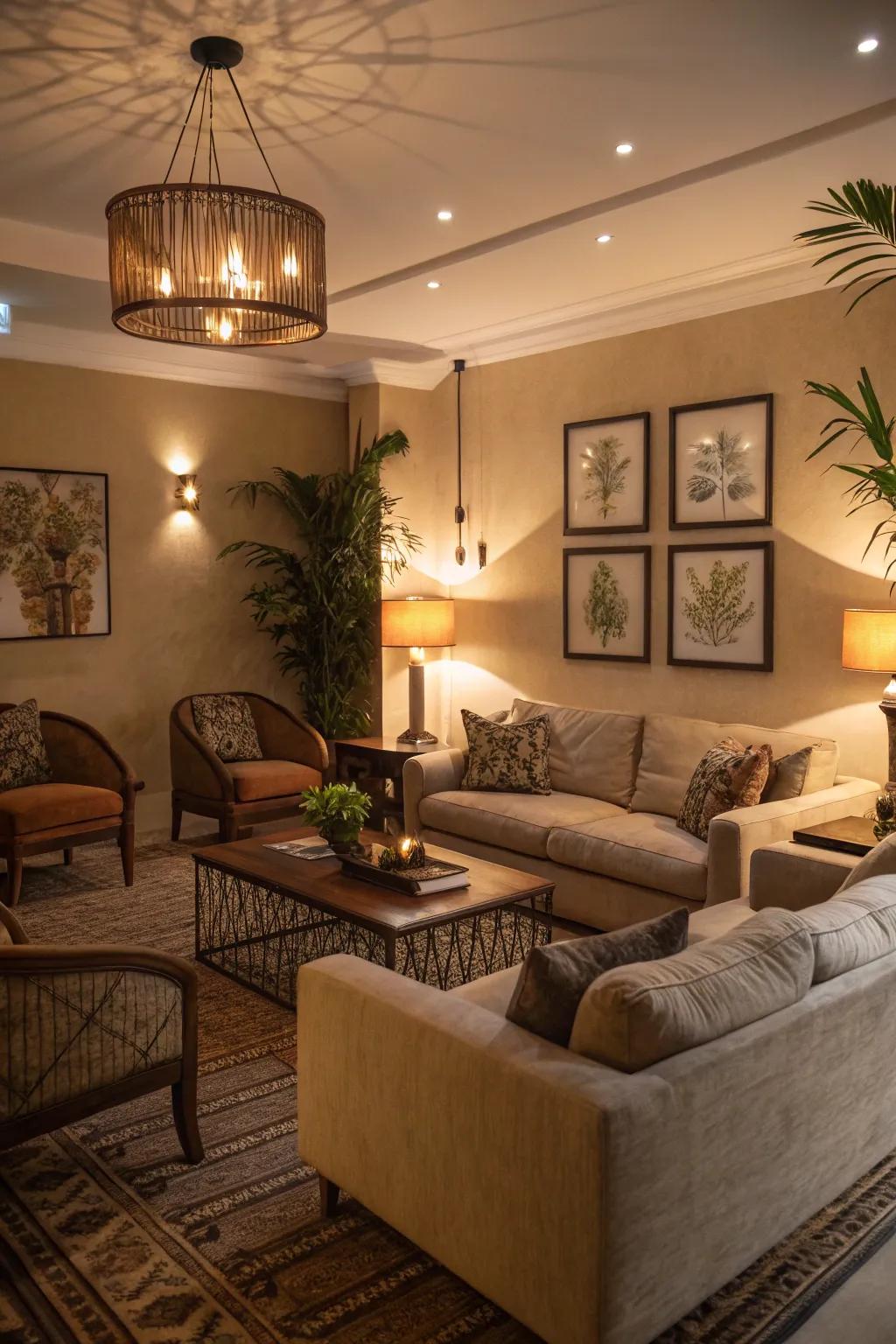Design a family room that encourages warmth and relaxation.