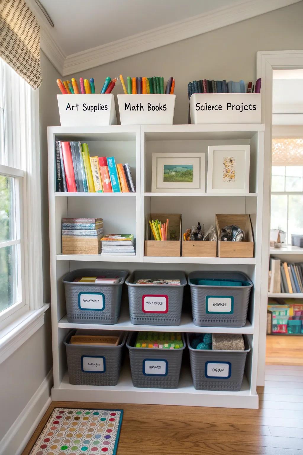 Labels aid in preserving order and instill in children a sense of responsibility for arranging their space.