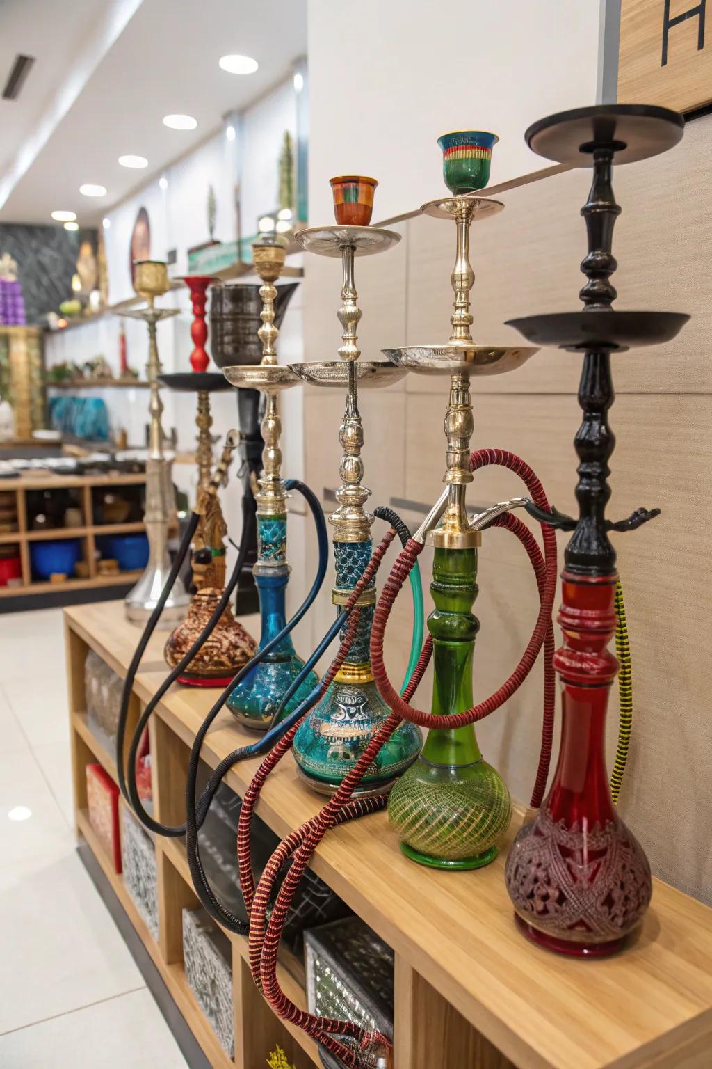 A display rack imparts a chic and well-ordered feel when stowing smoking devices.