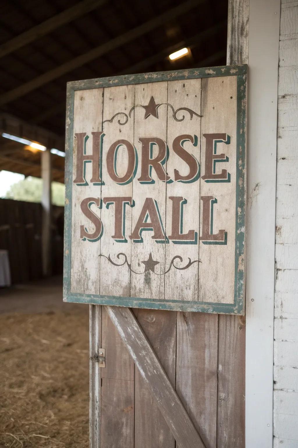 An aged-inspired stall marker boasting classic allure.