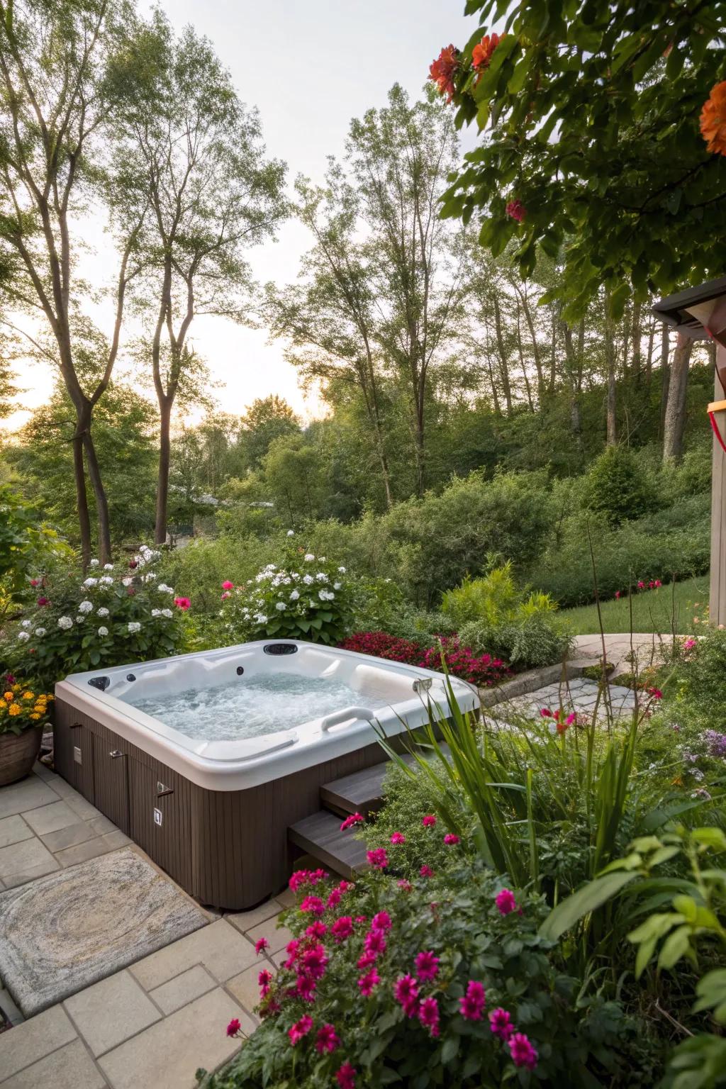 Immerse yourself in nature within a superbly landscaped hot tub setting.