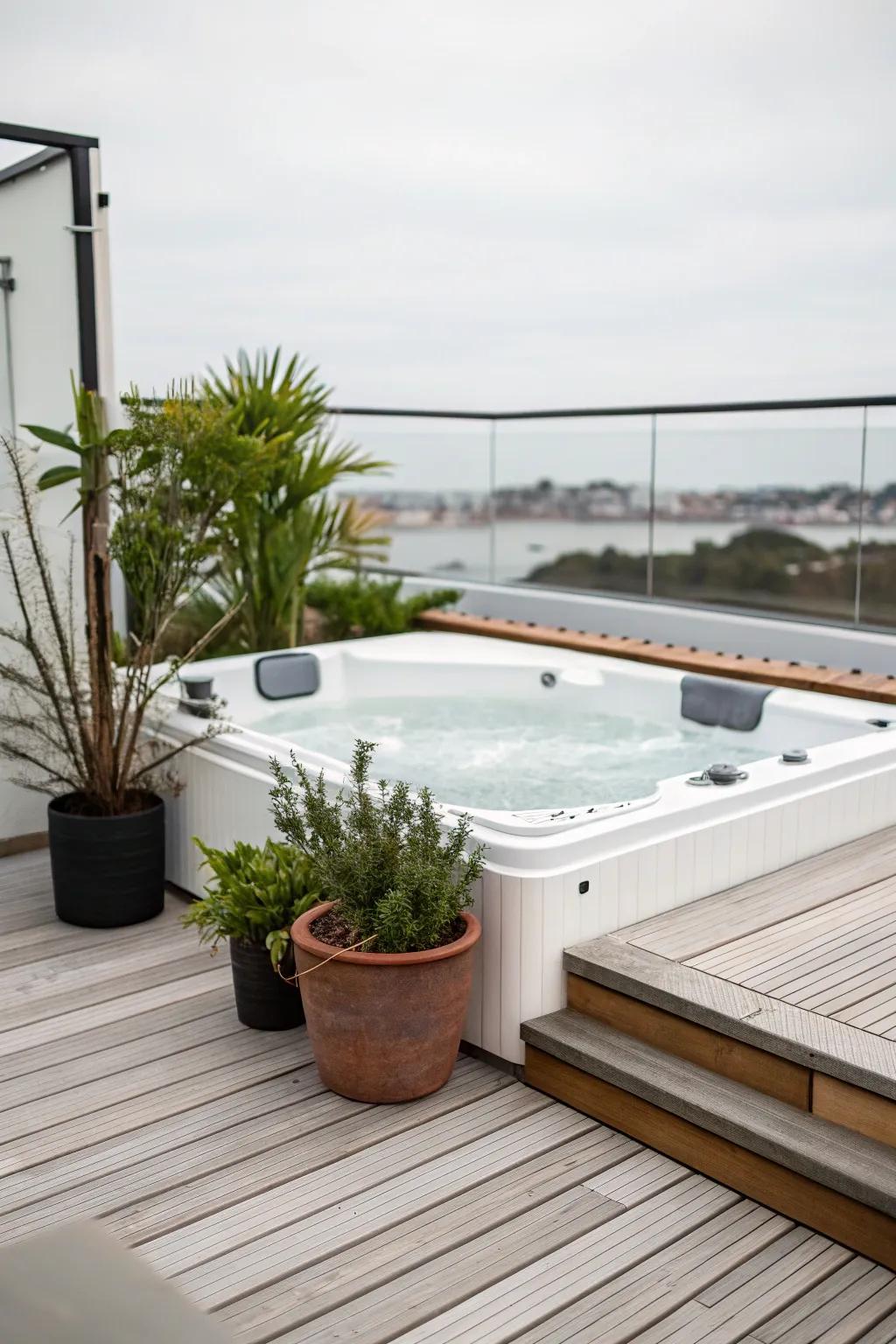 The beauty of simplicity with a contemporary, minimalist hot tub deck.