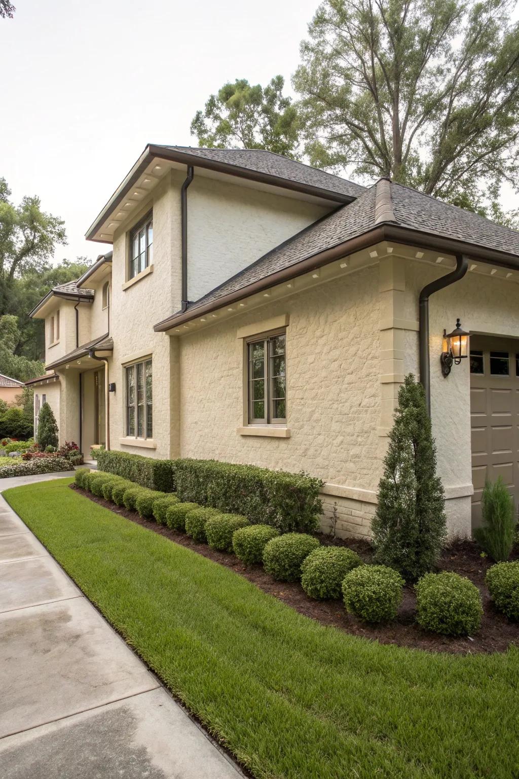 Smooth stucco coating creates a clean, minimalist style.