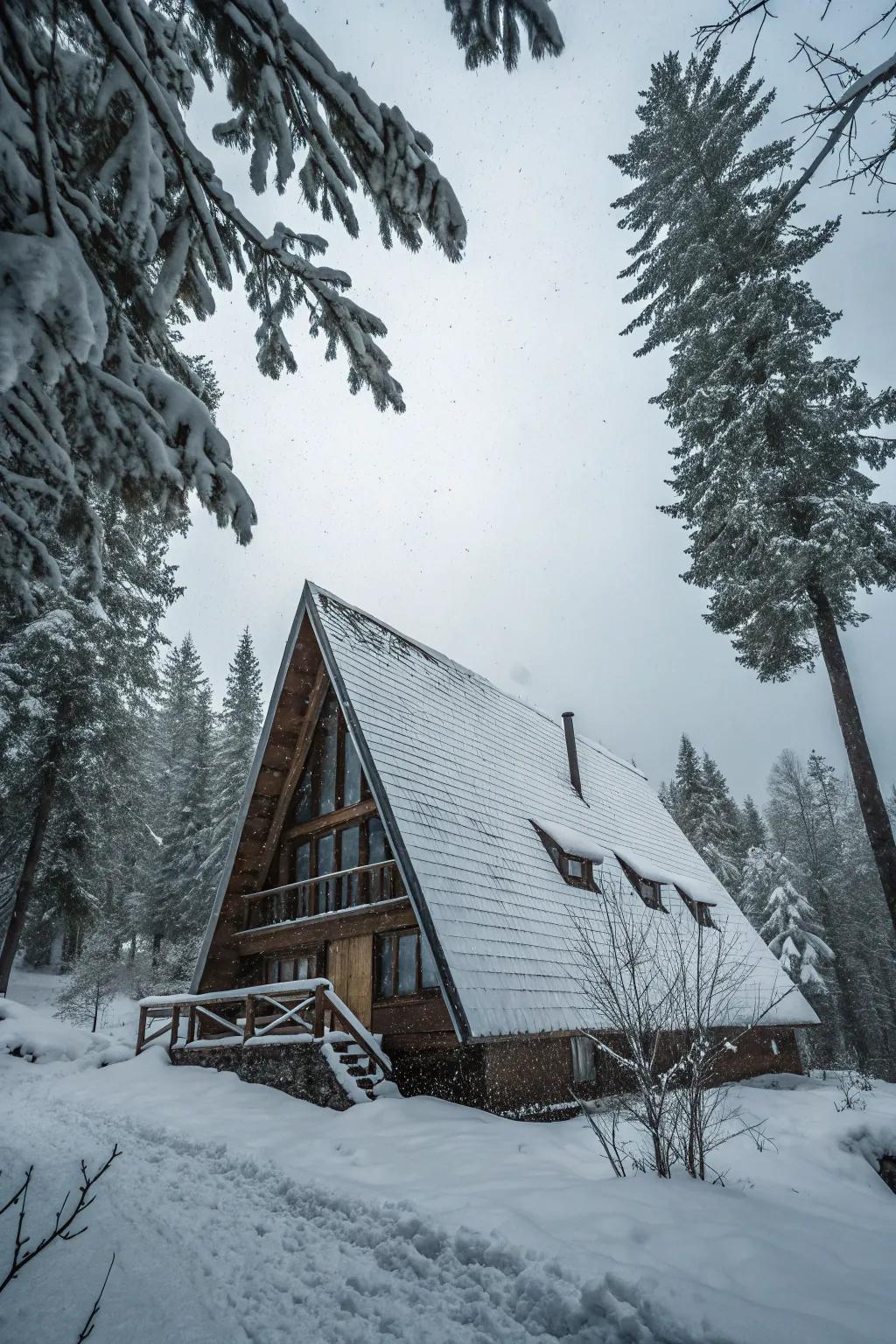 A quintessential A-frame cabin nestled peacefully in the woods.