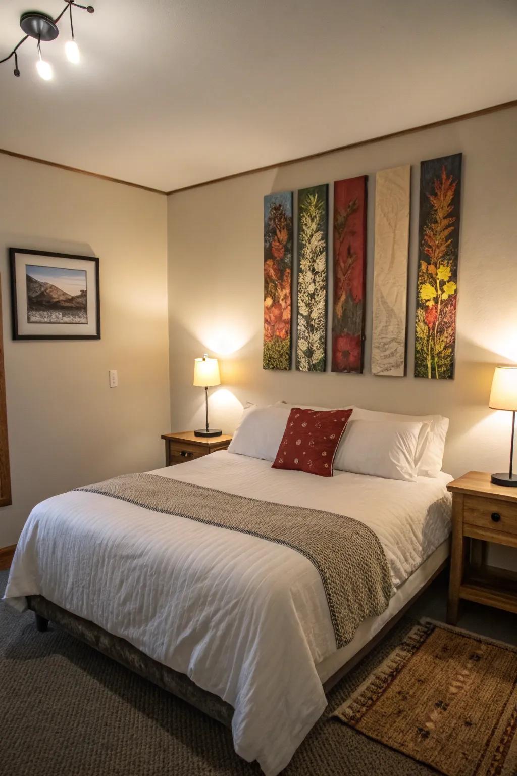 Intelligently positioned wall decorations contribute height and appeal to a small bedroom.