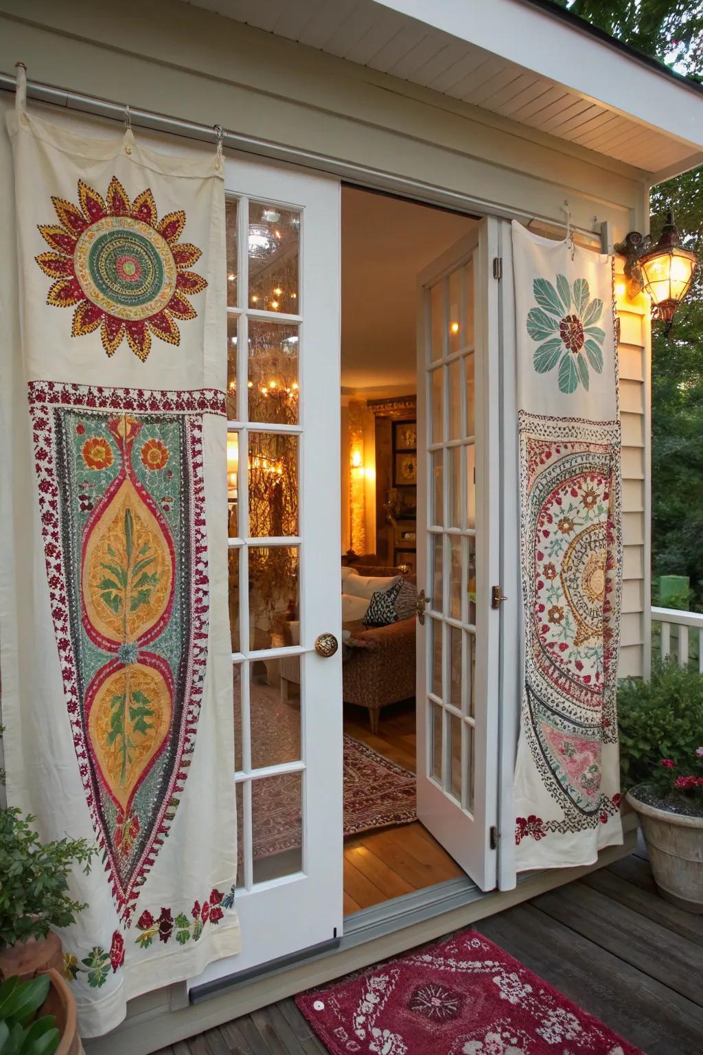 Handcrafted fabric covers provide a personalized and adaptable accent to French doors.