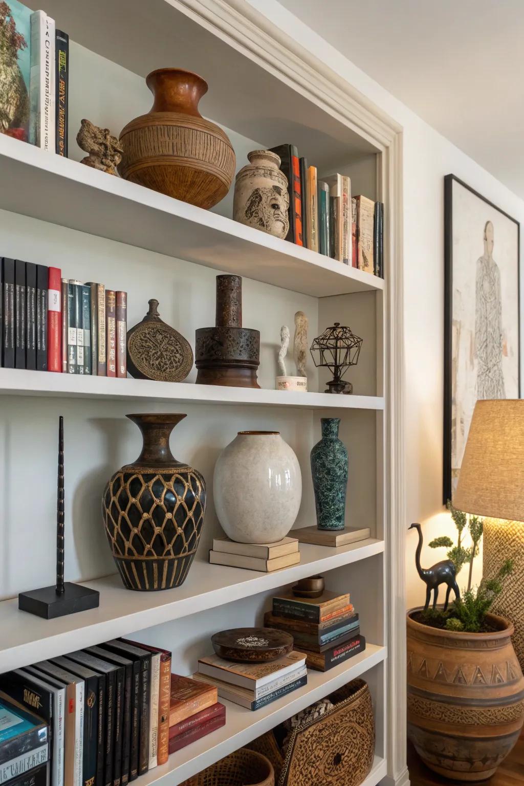 A bookshelf spotlighting ornamental accents.