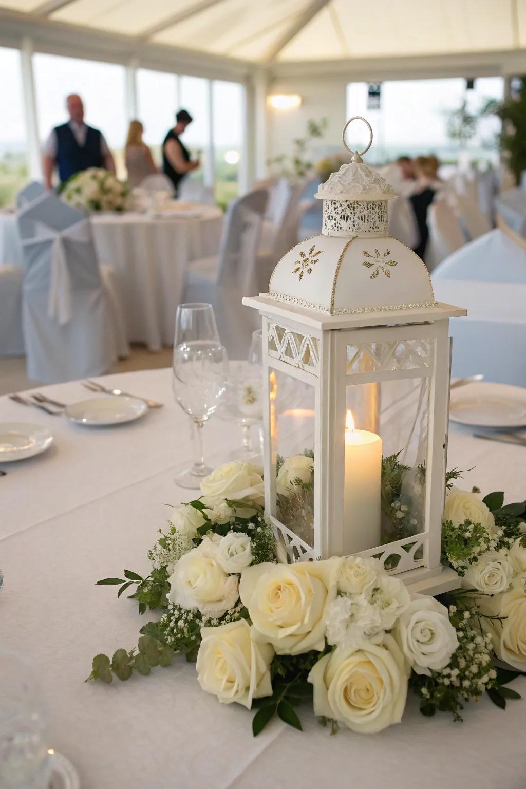 A sophisticated wedding event centerpiece with white roses and a metallic lantern.