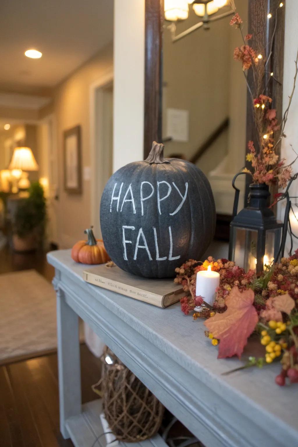 A chalkboard pumpkin, ideally suited for introducing individualized sentiments to your residence.