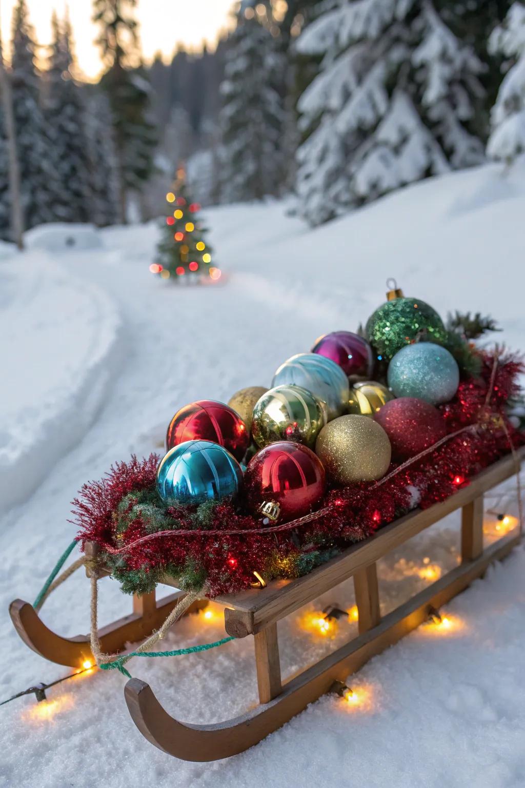 A sled sparkling with festive Christmas baubles