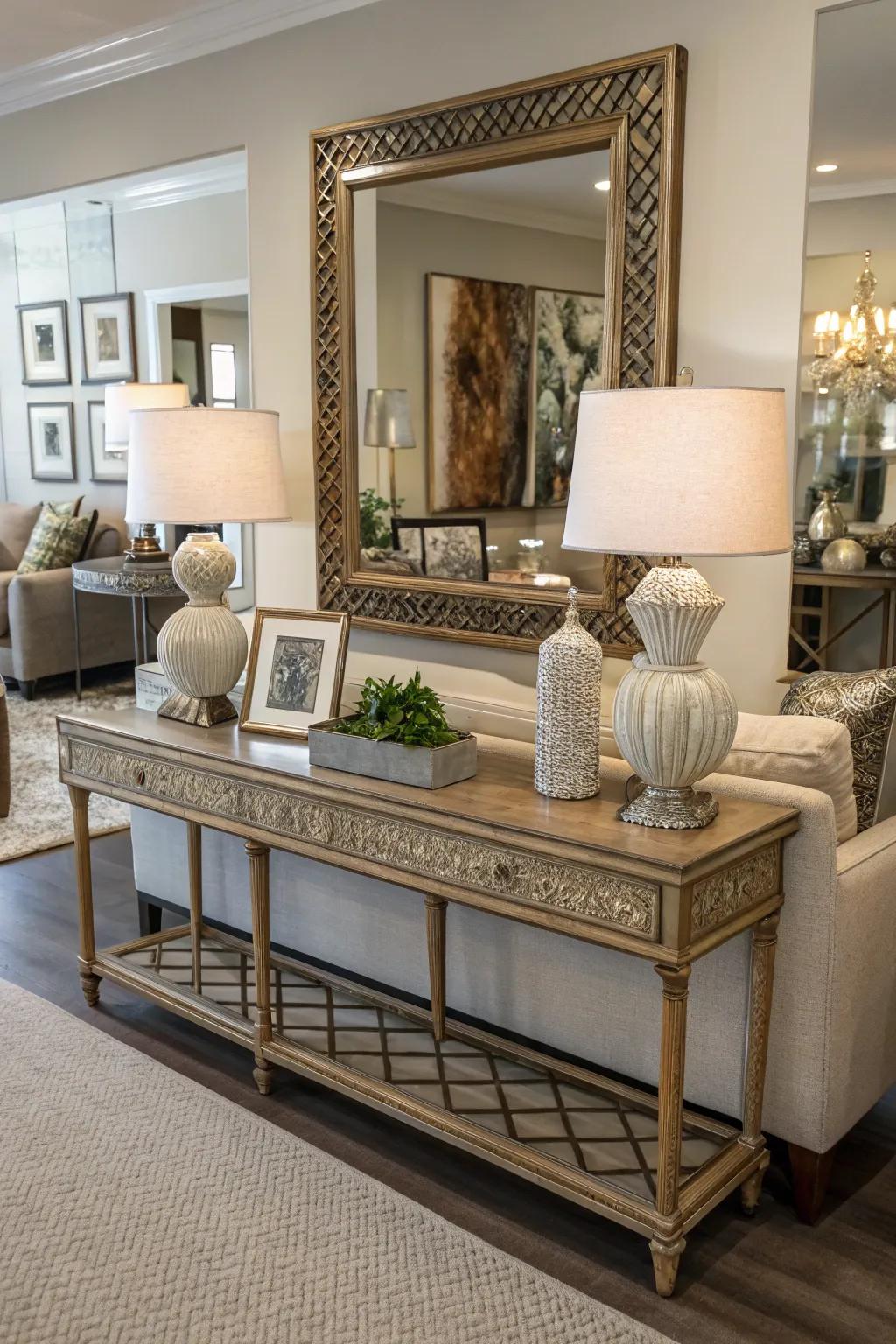 Mirrors and art instill sophistication and dimension.