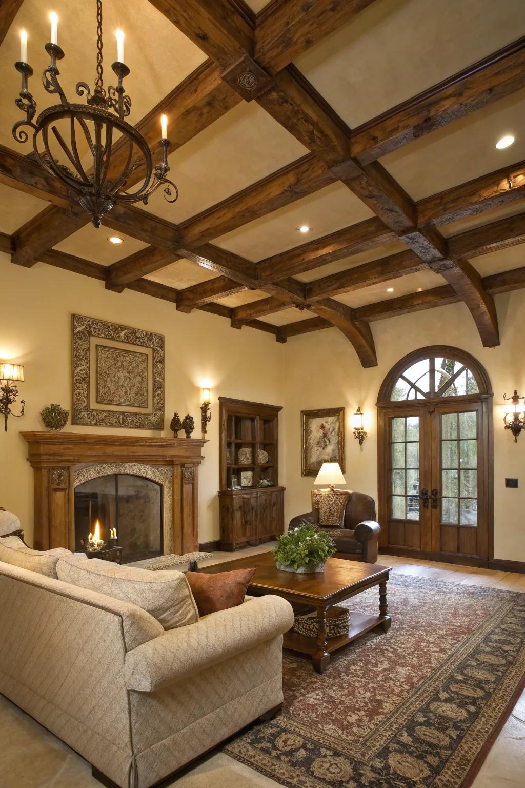 Architectural details enrich lofty ceilings with depth and texture.