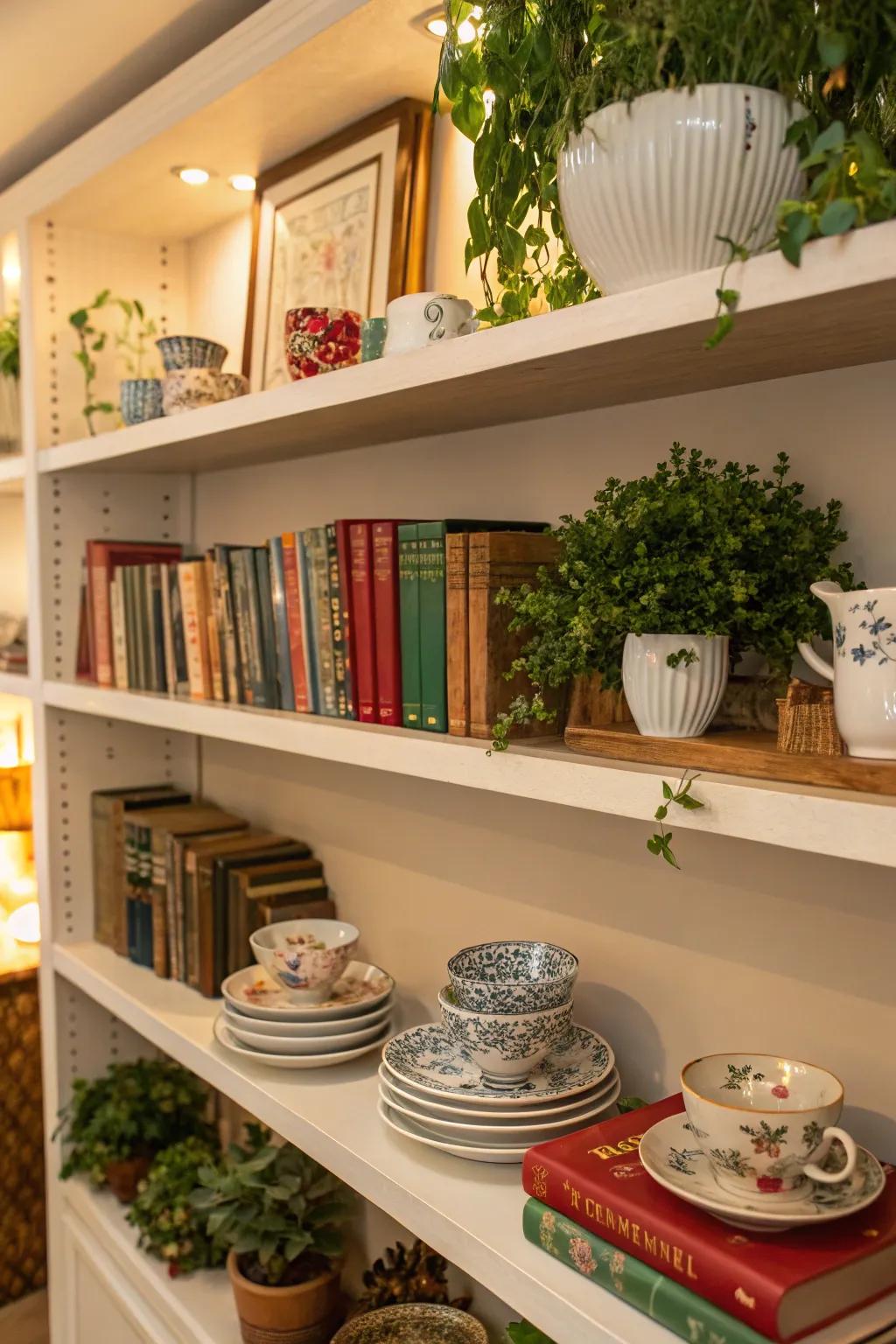 An eclectic blend of china, books, and flora on open shelves creating a vibrant display.