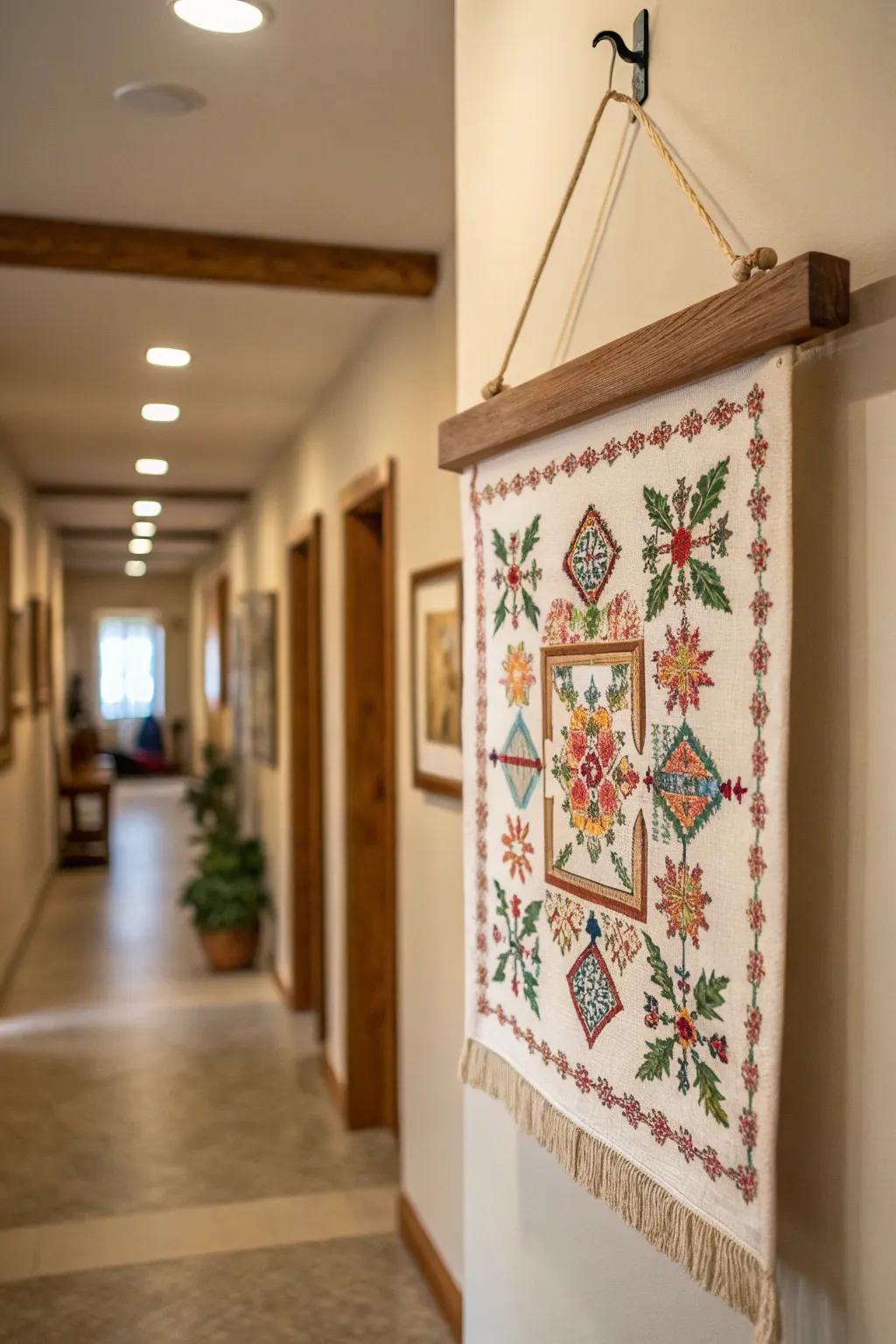 Hanging supports transform your cross stitch into tapestry-styled art
