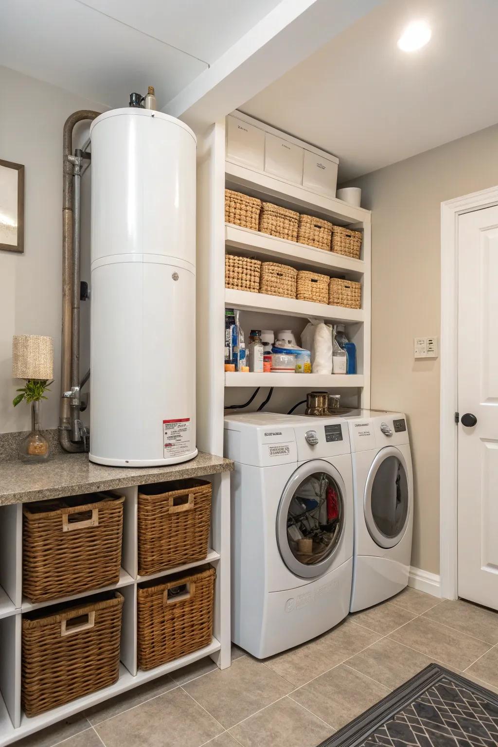 Shelving units can mask your water heater while providing additional storage.