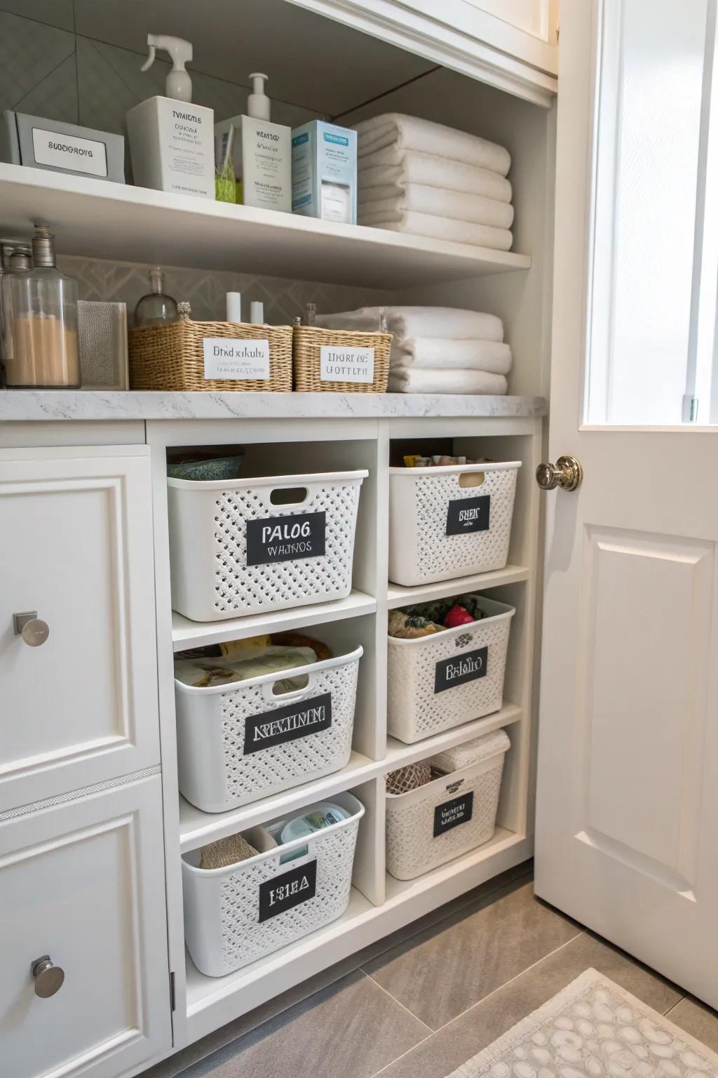 Labeled bins and compartments inside a bathroom cabinet, simplifying the identification of contents.