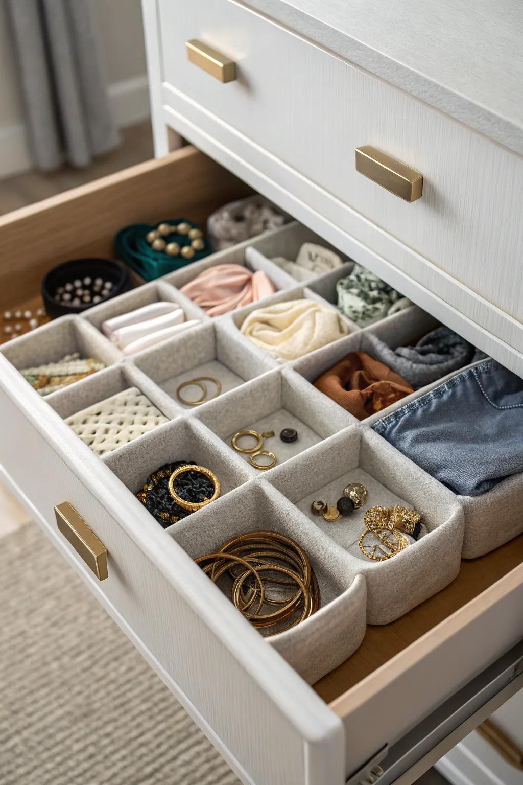 Diminutive receptacles inside drawers for appended arrangement and item safeguarding.