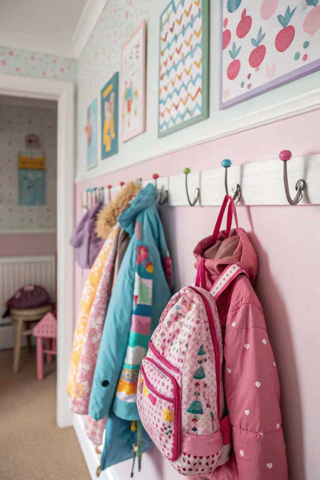 Wall hooks keep things neat and off the floor.