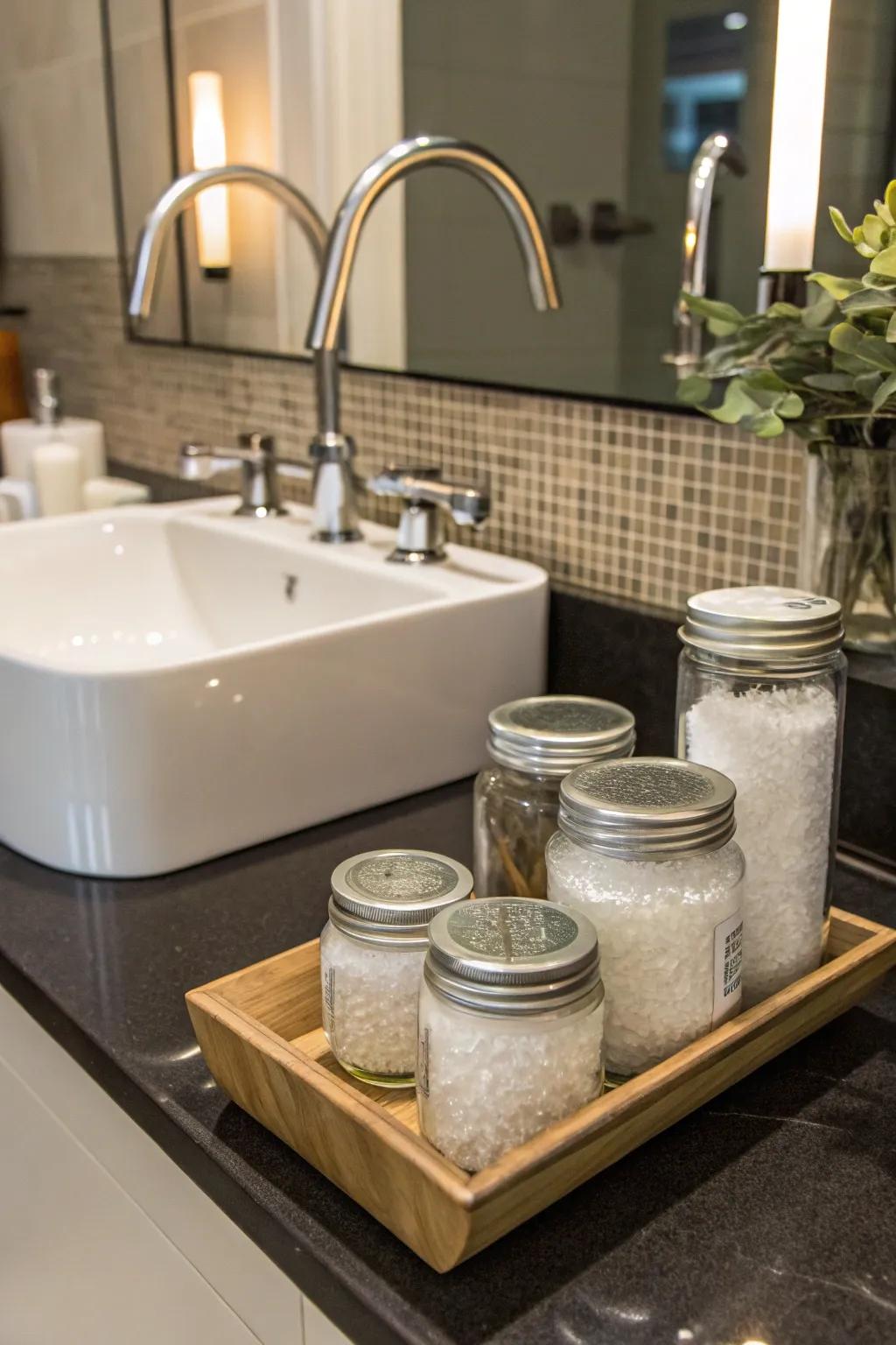 Elegant bathroom counter featuring Epsom salt display