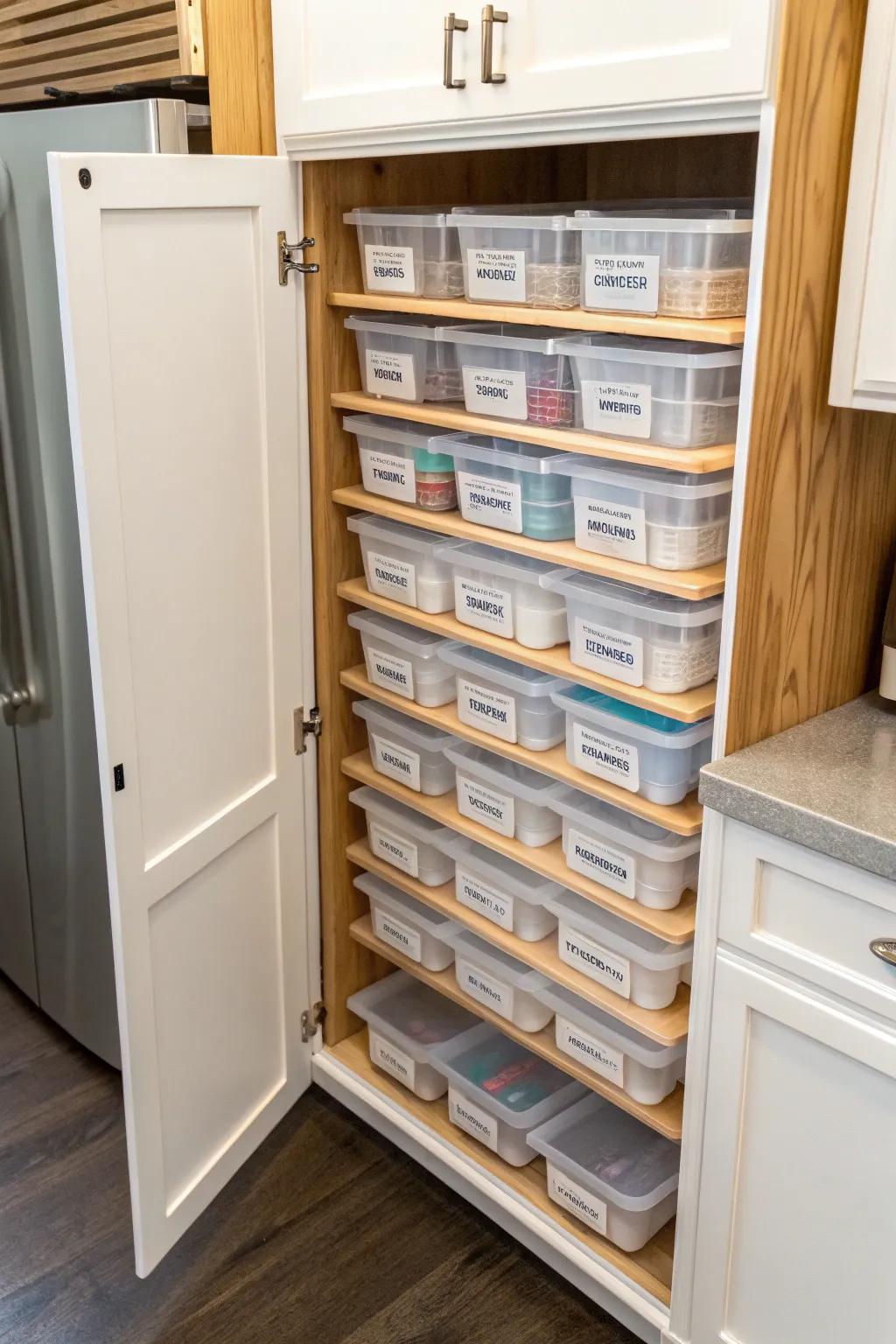 Cabinet showing plastic lids stored vertically for improved space management.