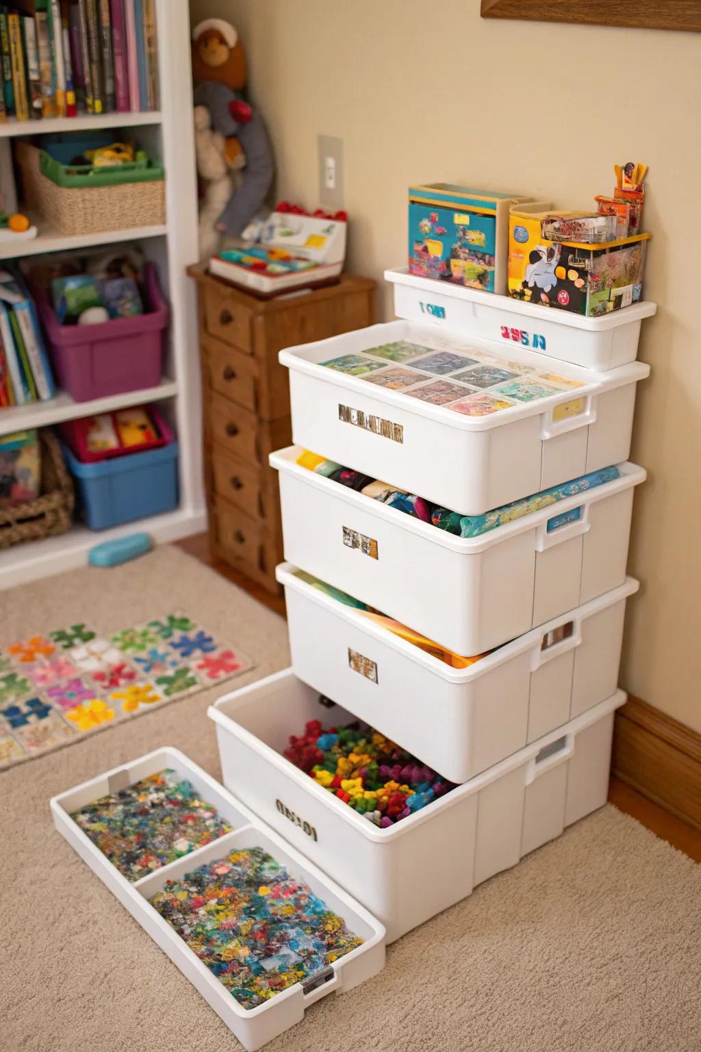 Stackable containers filled with puzzles.