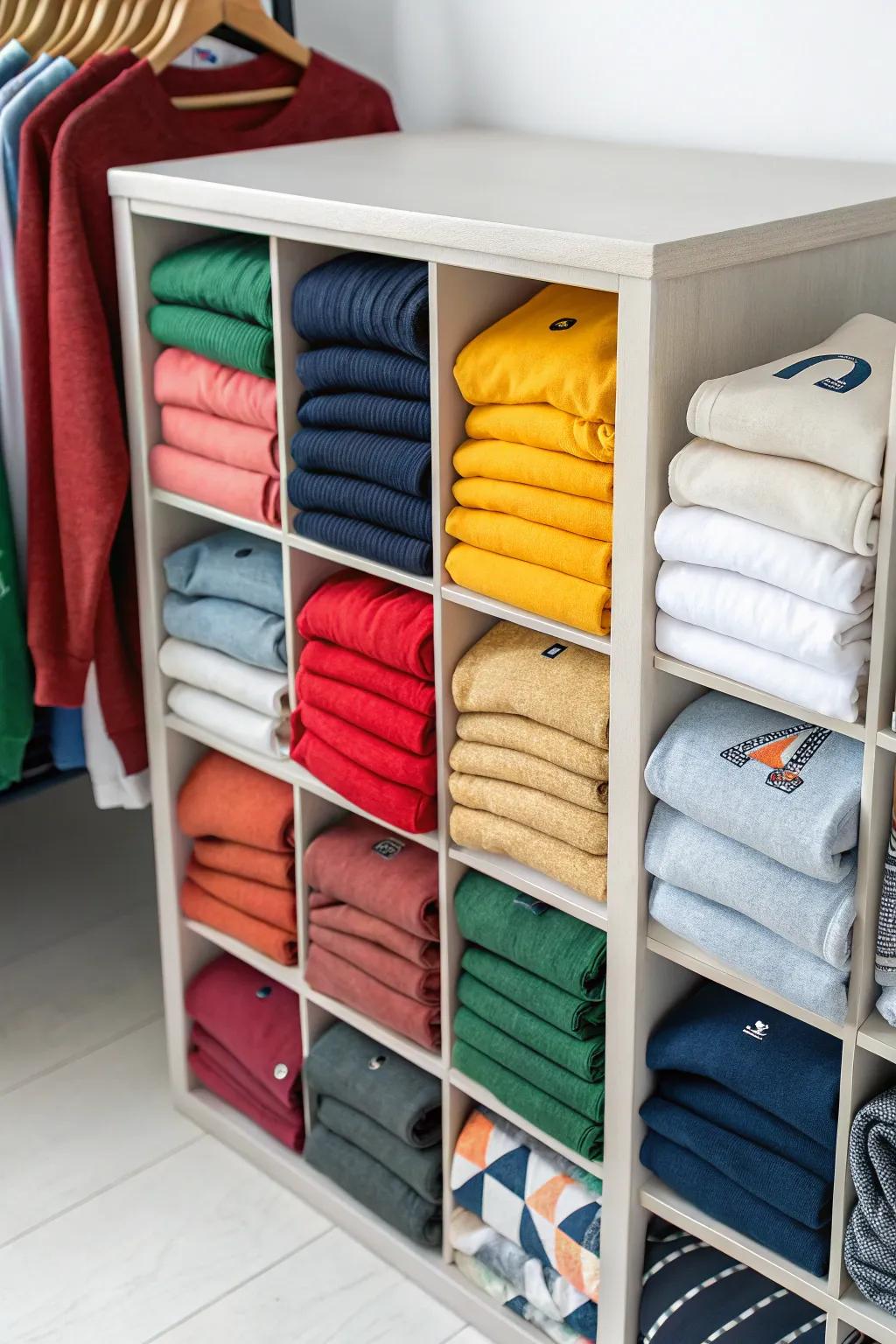 Cube storage provides a neat and attractive way to display sweatshirts.