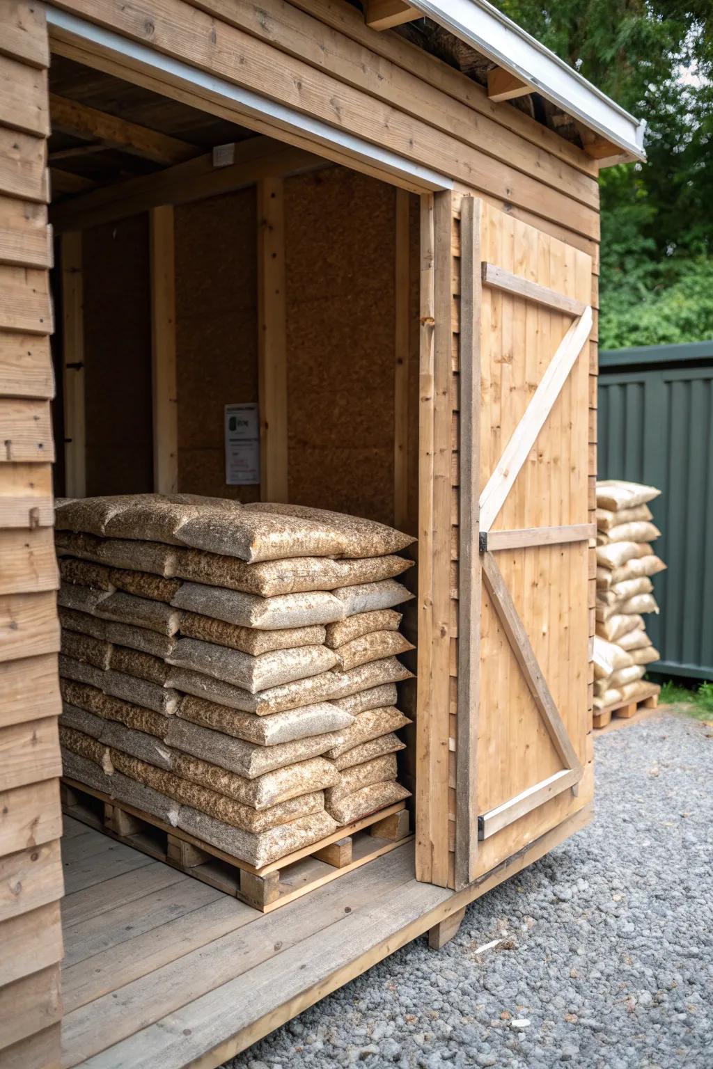 Pallets offer a simple and effective method to elevate wood pellets and keep them dry.