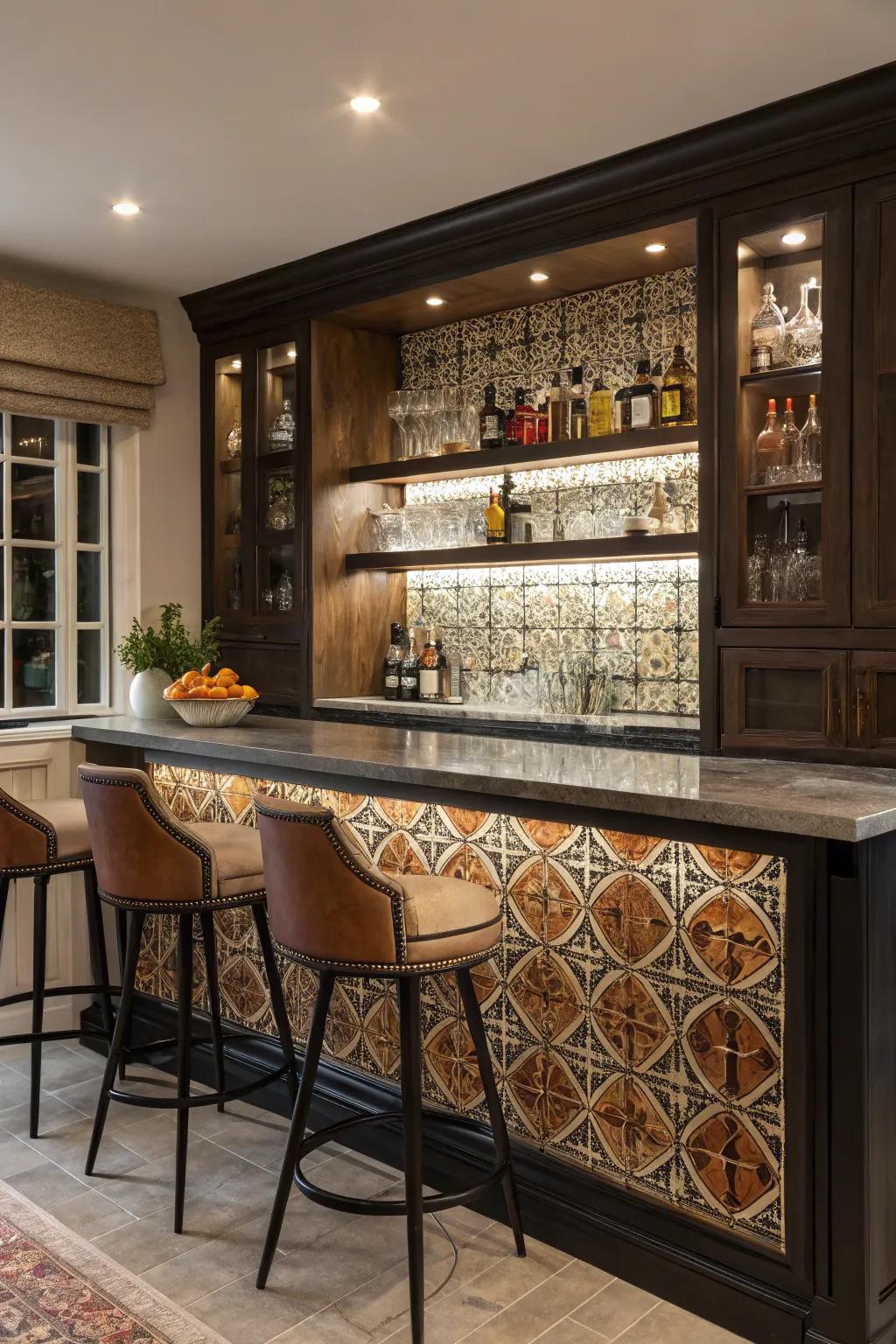 A striking backsplash adds interest and character to your bar.