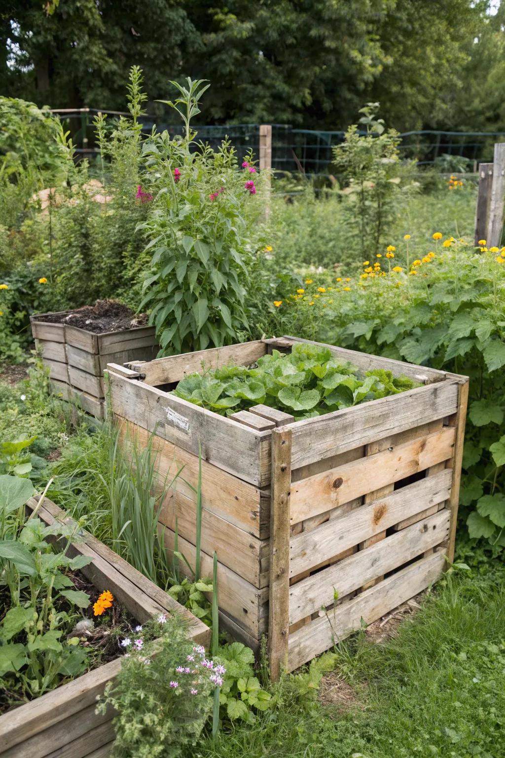 A countryside style DIY composter crafted from reclaimed pallets, blending harmoniously with the surrounding garden.