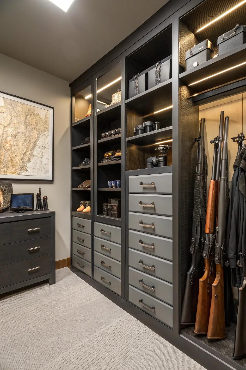 Cabinets and drawers ensure your gear is stored securely and neatly.