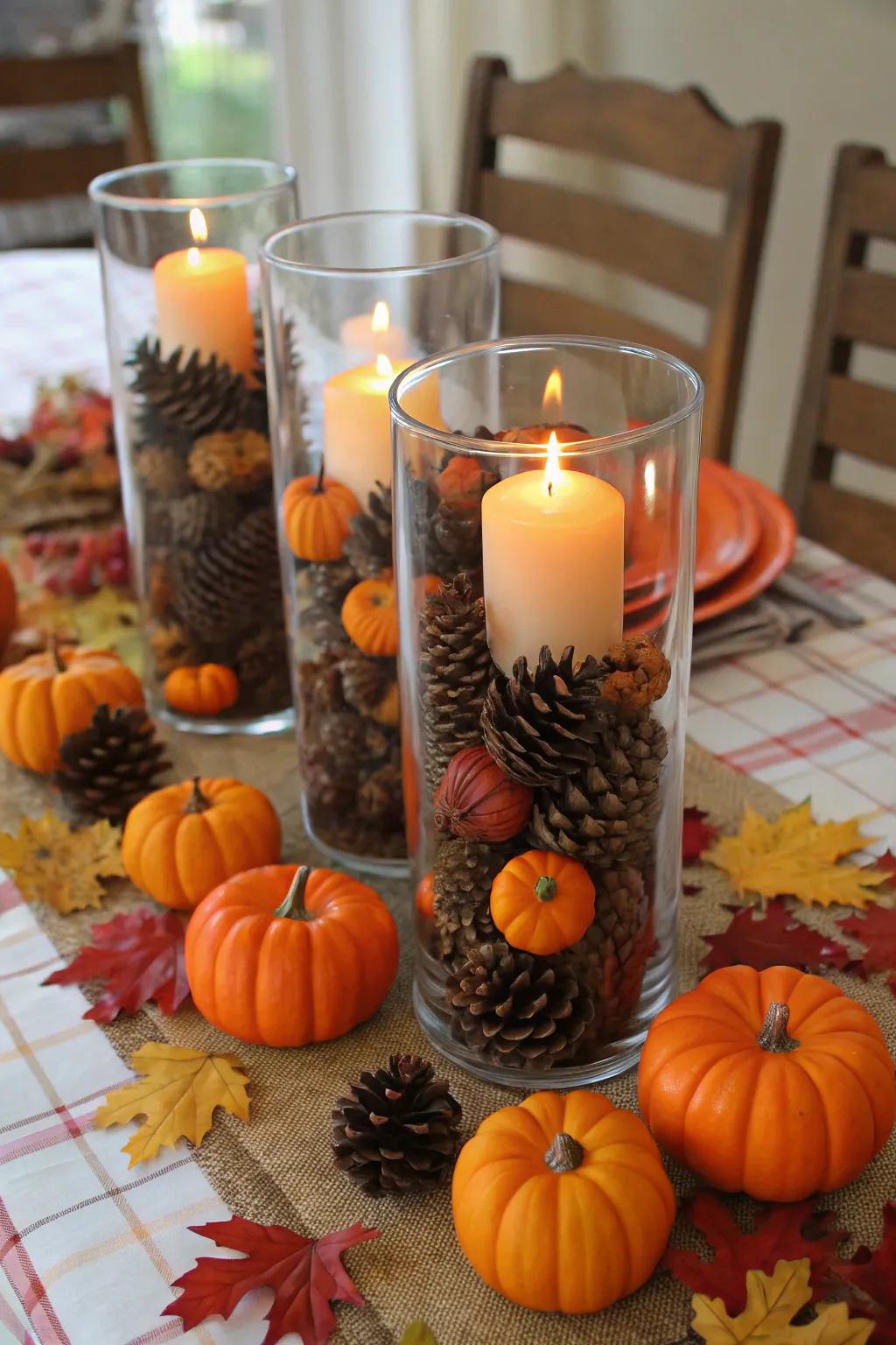 Seasonal details like acorns and gourds within windproof candle holders for a celebratory flair.