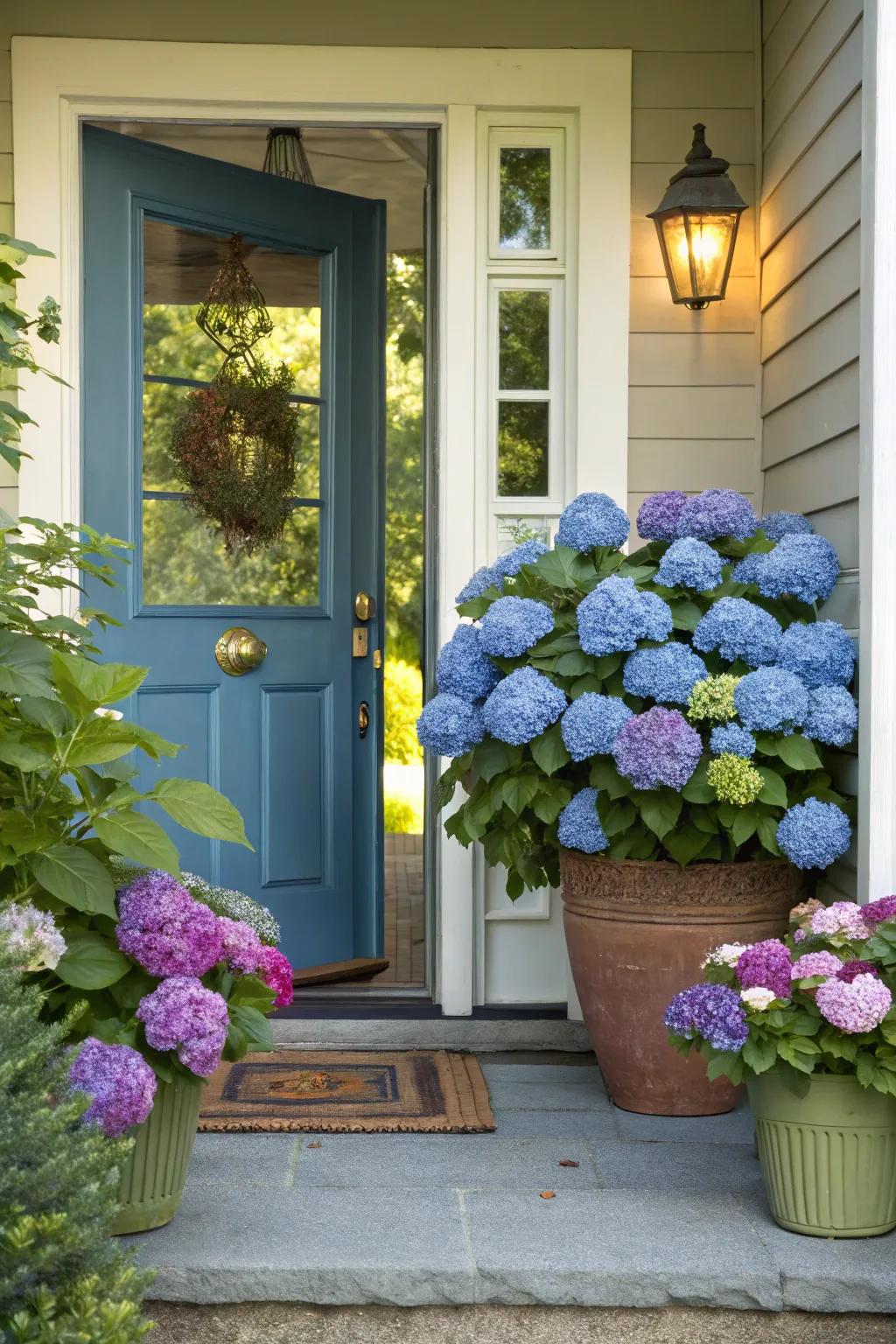 Potted hydrangeas flank a front door, crafting a warm welcome.