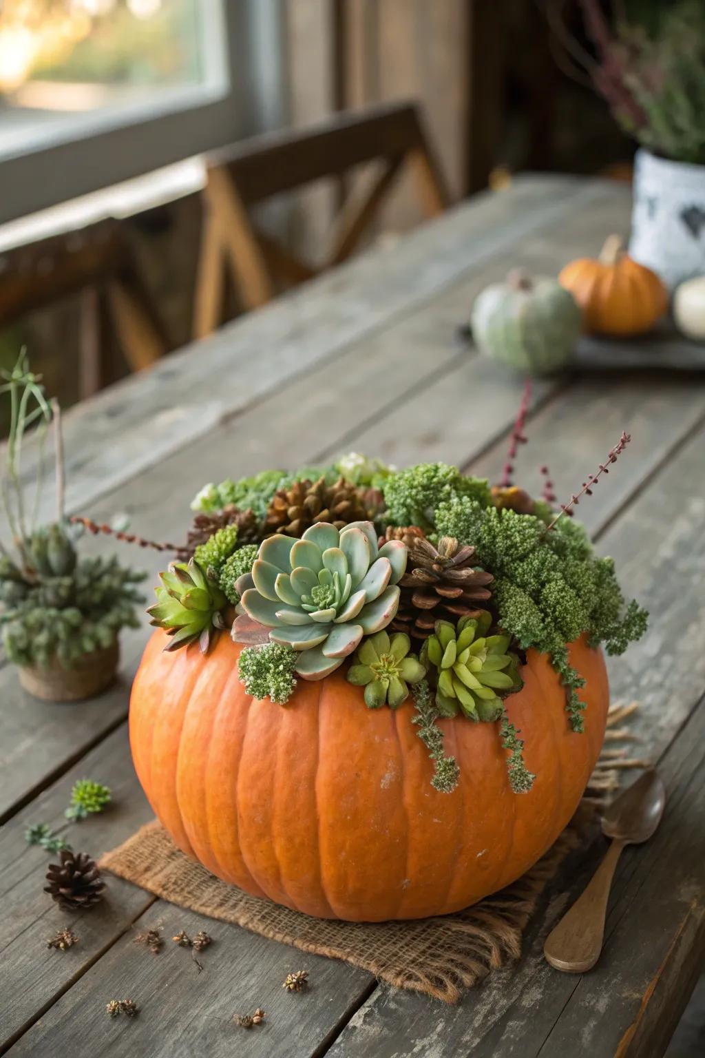 A pumpkin adorned with succulents for a lively and natural display.