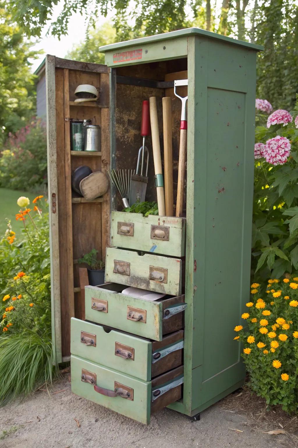 Old furnishings are given a new function as useful garden tool storage.