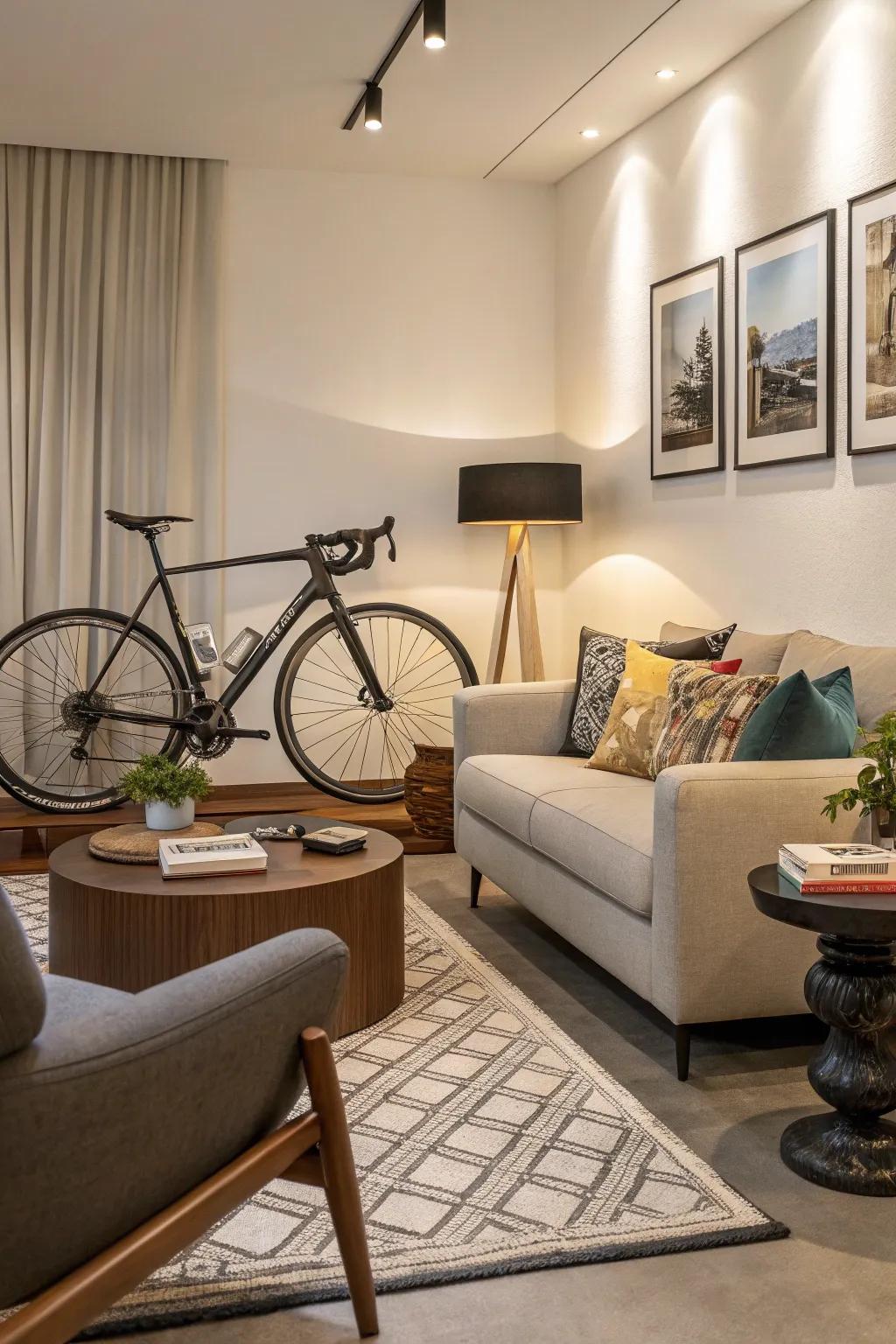 A bicycle perfectly incorporated into the room’s décor.