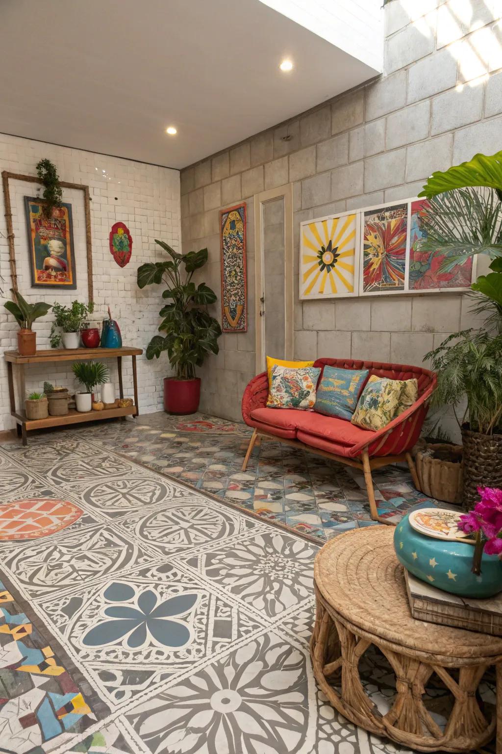 Themed concrete squares are a great way to add texture and personality.